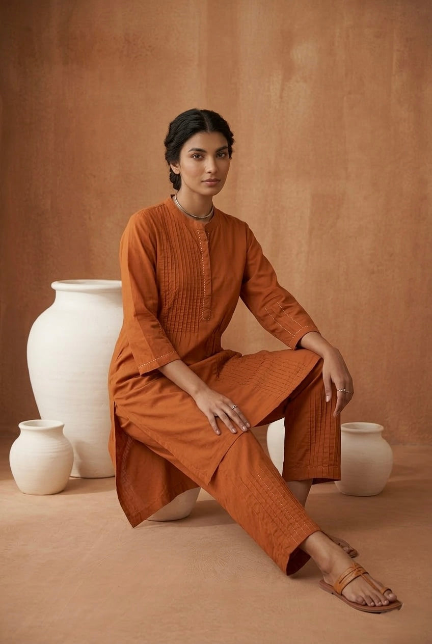 Burnt Orange Pintuck Kurta Set | HER-698