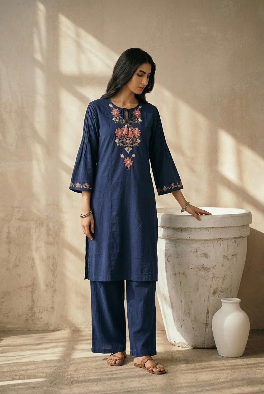 Blue Embroidered A-Line Kurta Set | HER-723