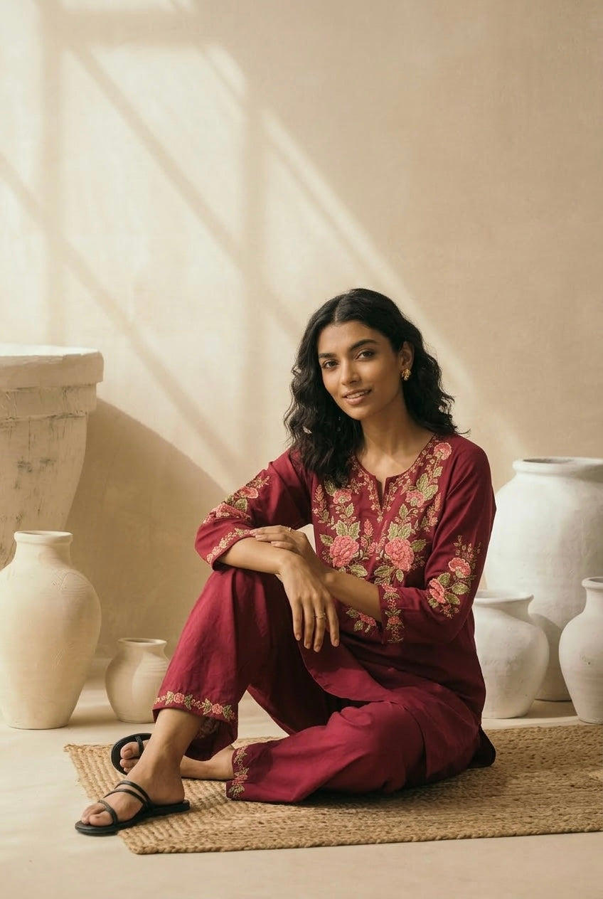 Berry Red Embroidered Kurta Set | HER-721