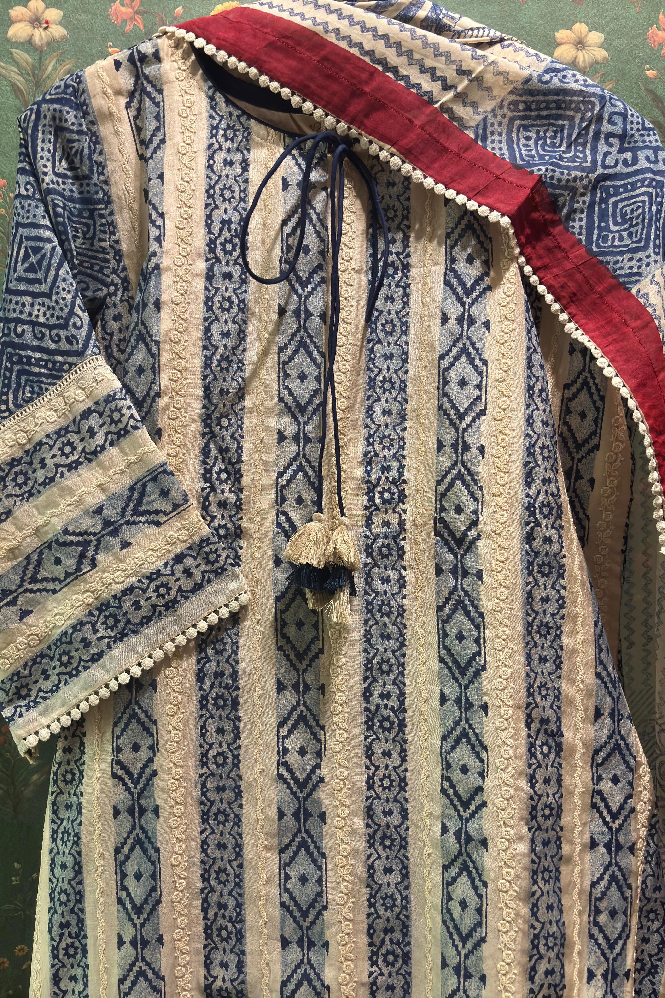 Blue Bamboo Silk A-line Suit Set | HER-446