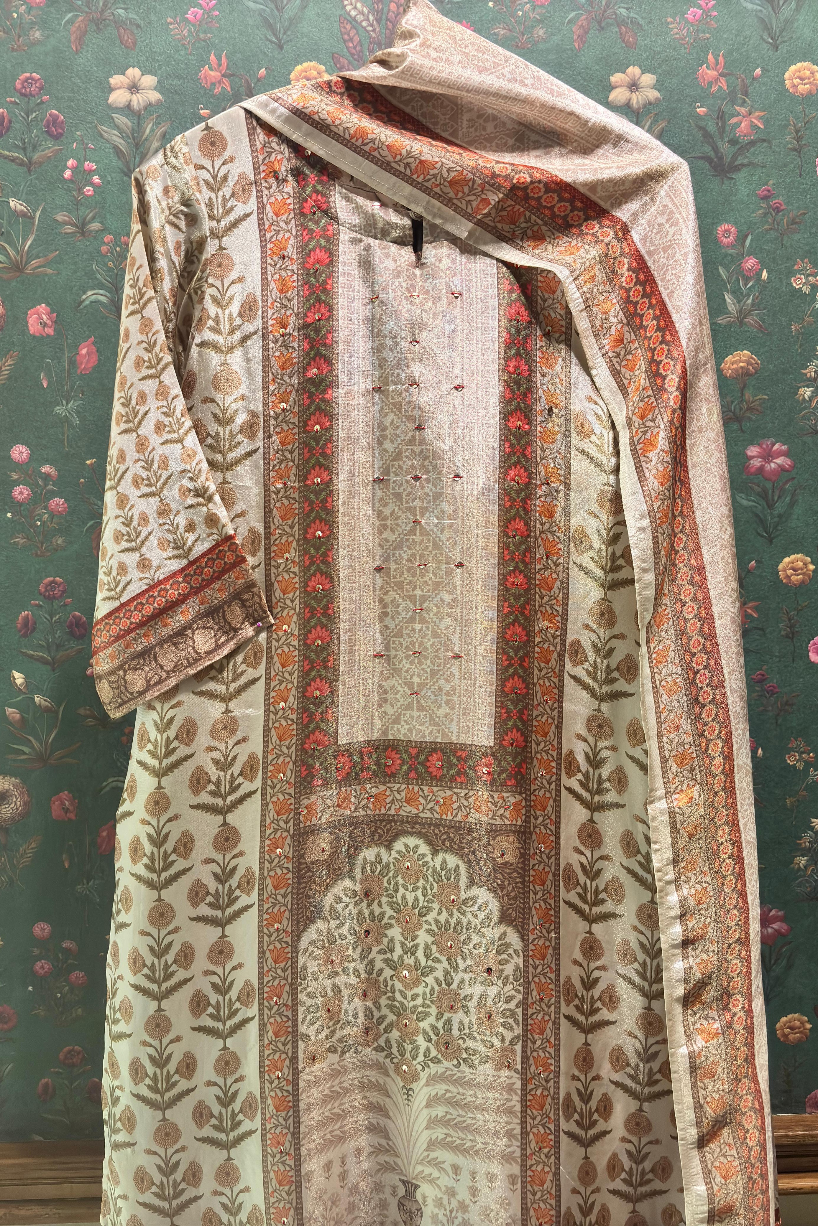 CREAM Straight fit Muslin Kurta set (with Pant and Dupatta)