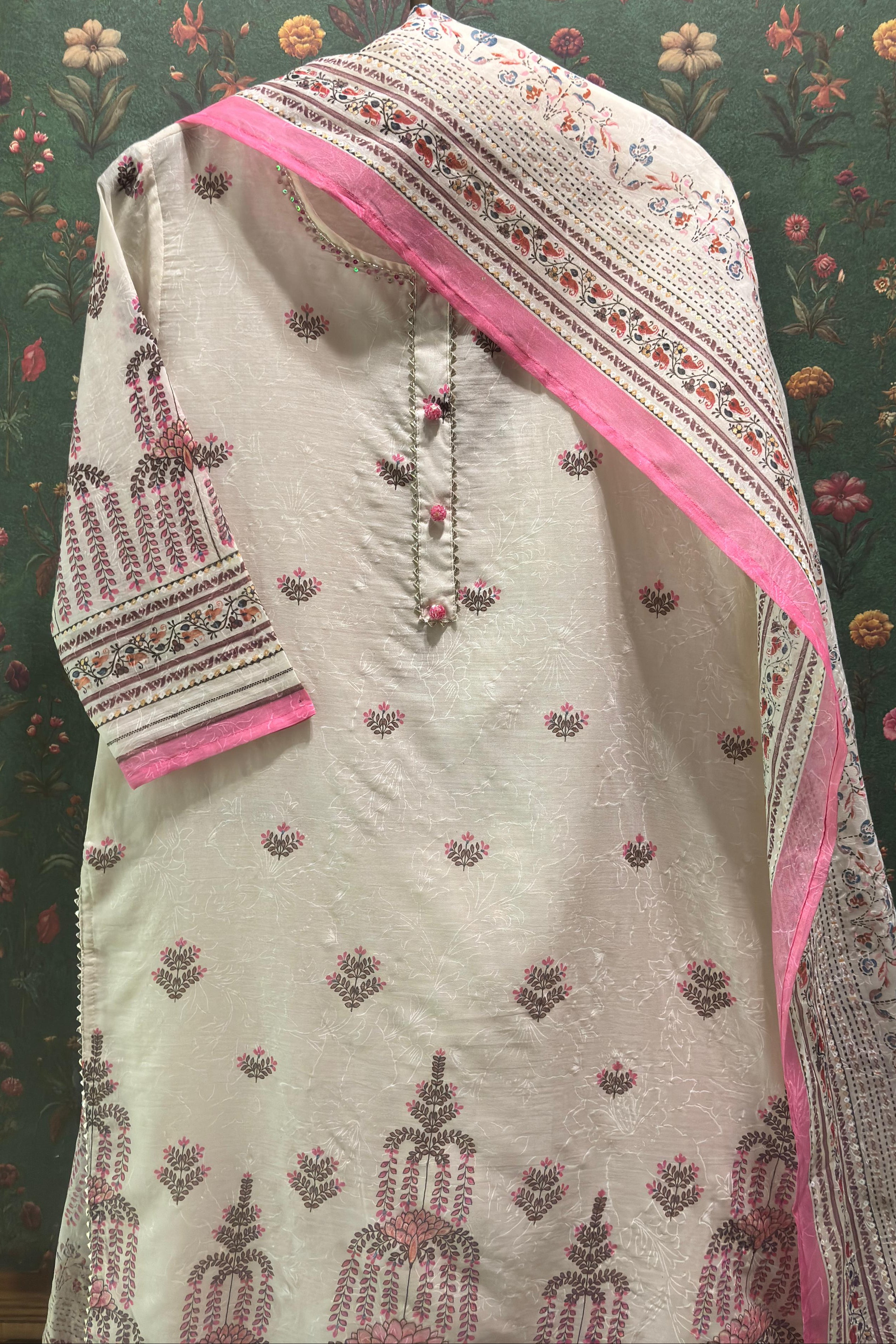 Cream Straight Fit Cotton Suit Set (With Pants and Dupatta)