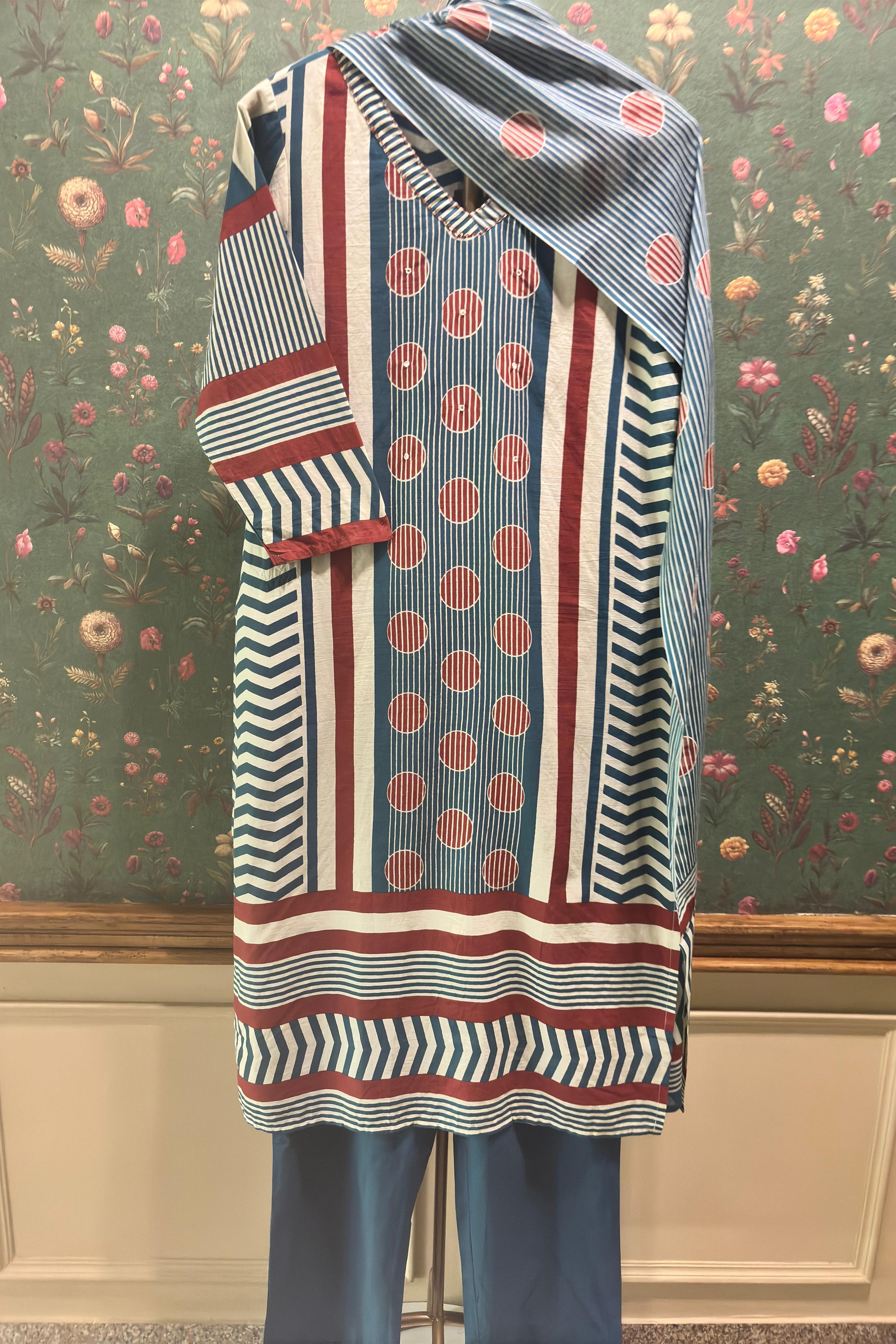 Blue Straight Fit Cotton Suit Set | HER-469