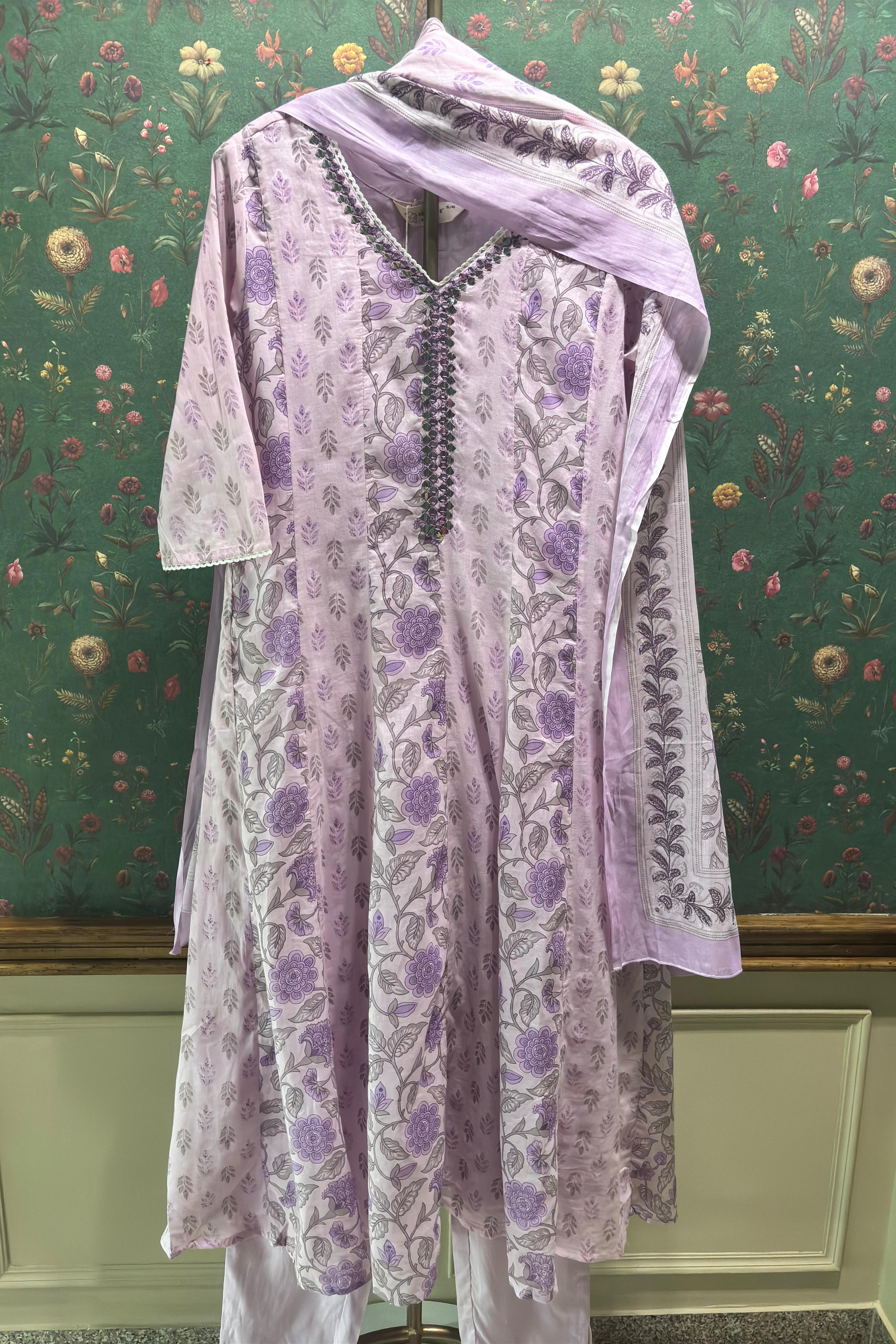 Lilac Cotton Anarkali Suit Set (With Pants and Dupatta)