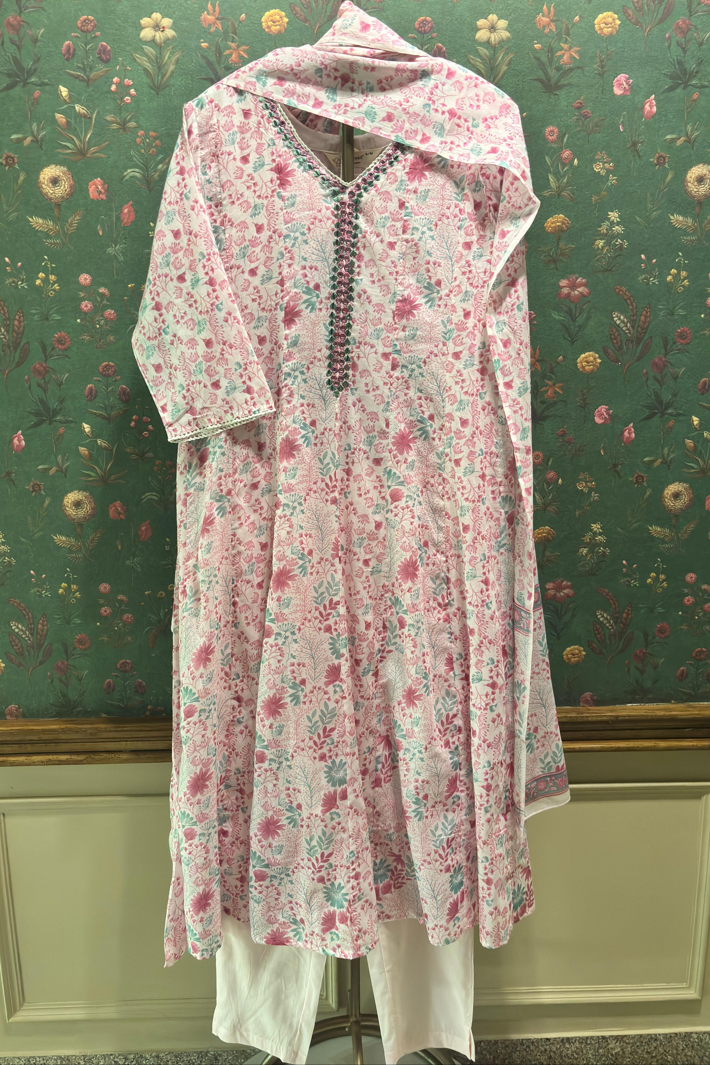 Pink Cotton Anarkali Suit Set (With Pants and Dupatta)