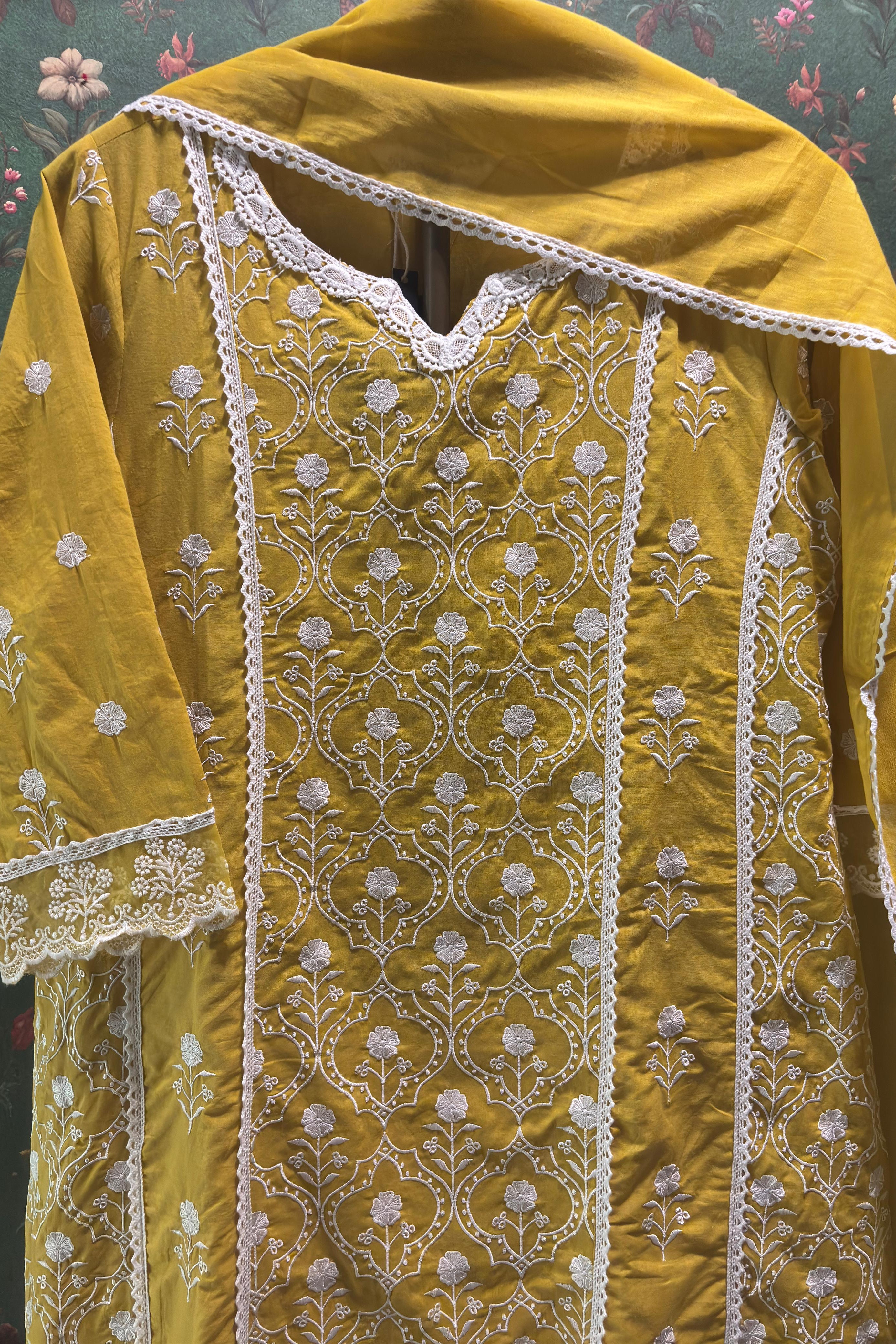 Yellow Cotton A-line Suit Set (With Pants and Dupatta)