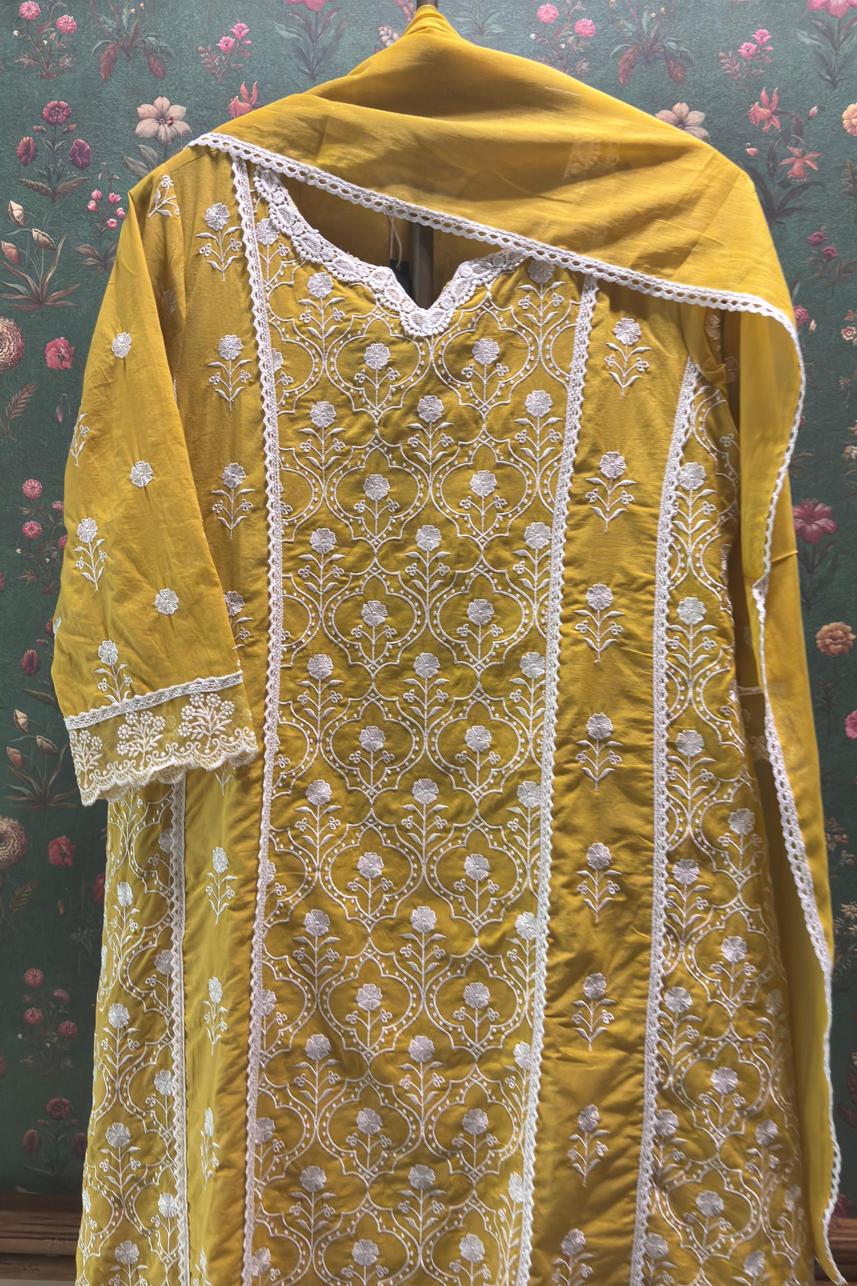 Yellow Cotton A-line Suit Set (With Pants and Dupatta)