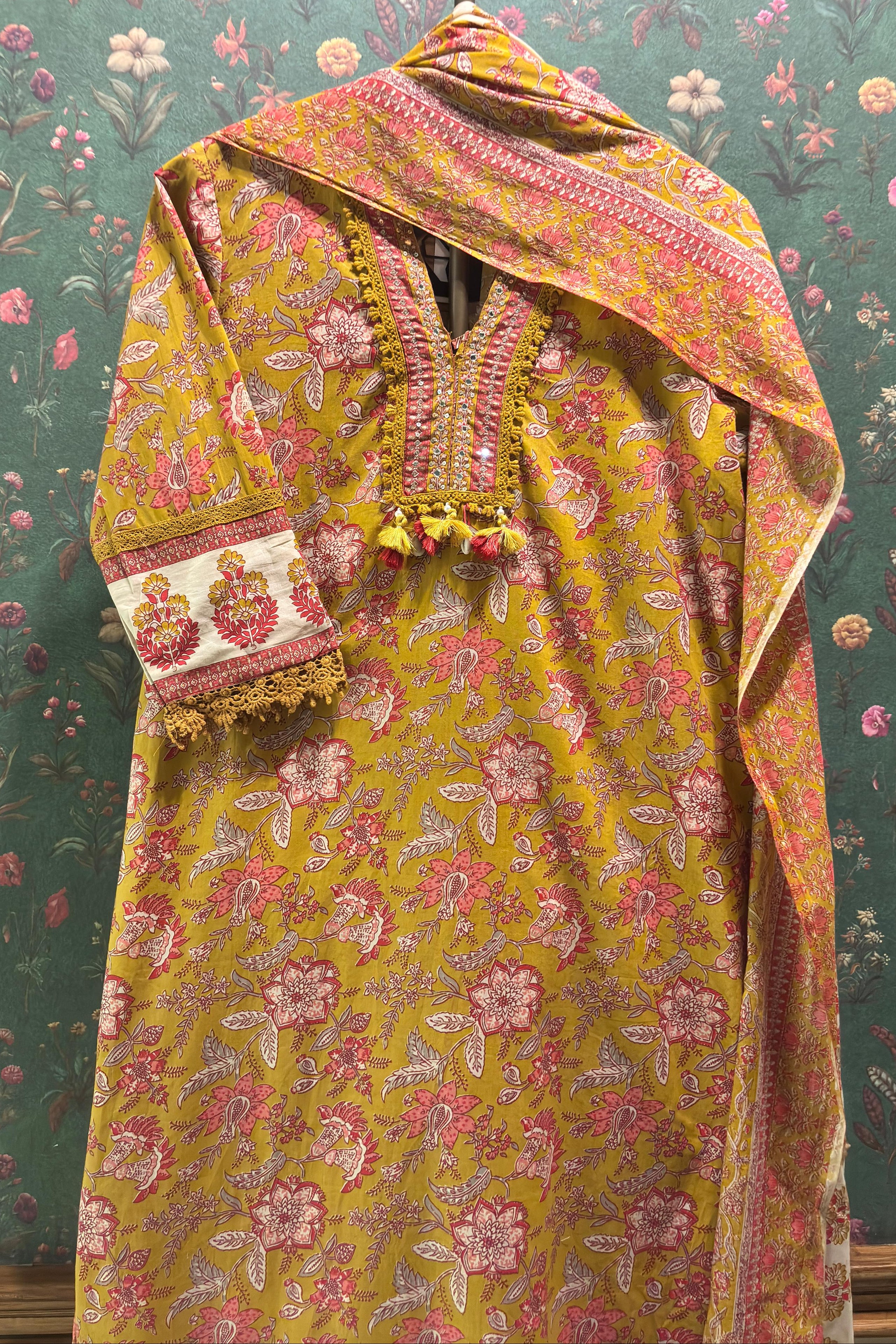 MUSTARD Straight Fit Cotton Suit Set (With Pants and Dupatta)