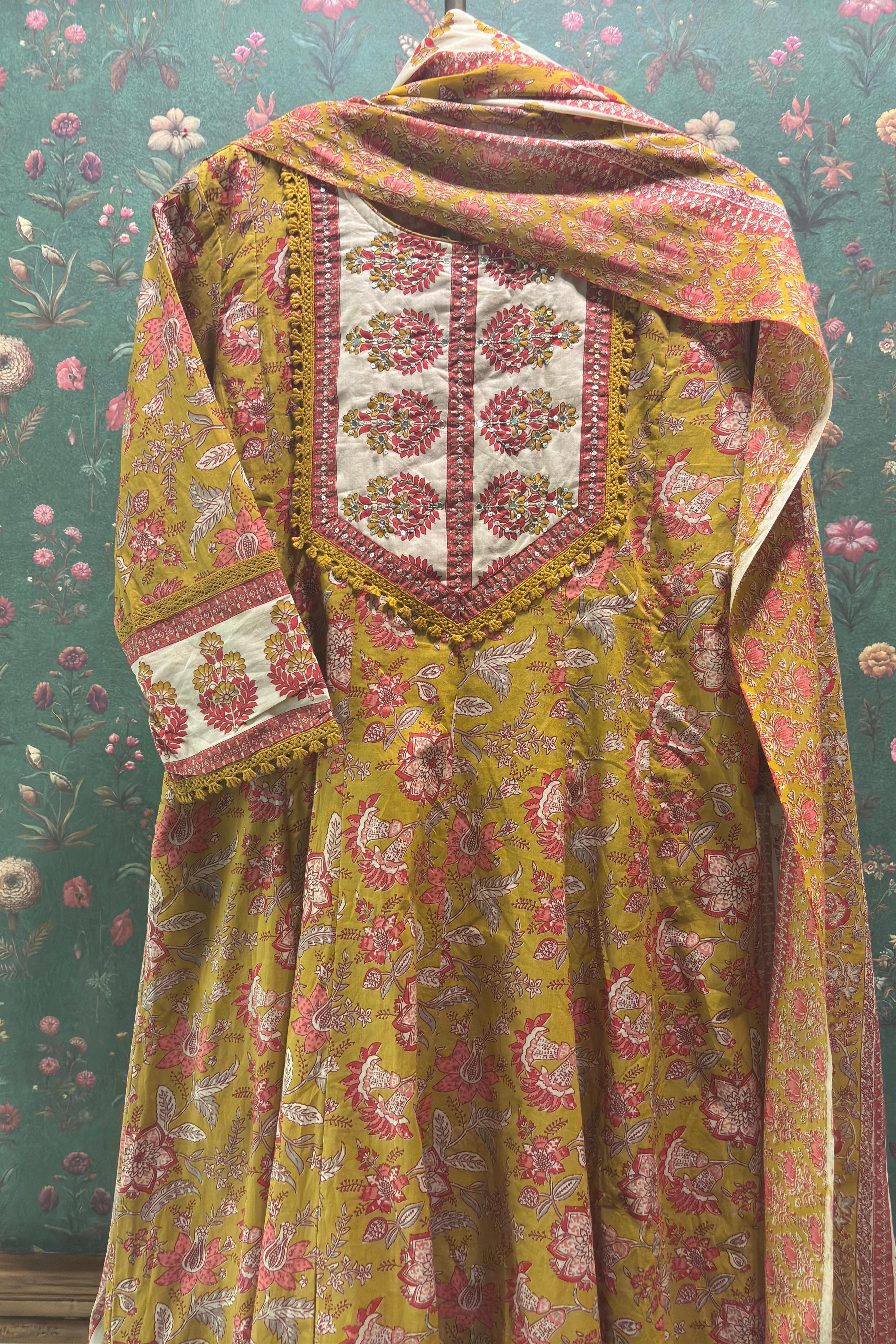 Mustard Cotton Anarkali Suit Set (With Pants and Dupatta)