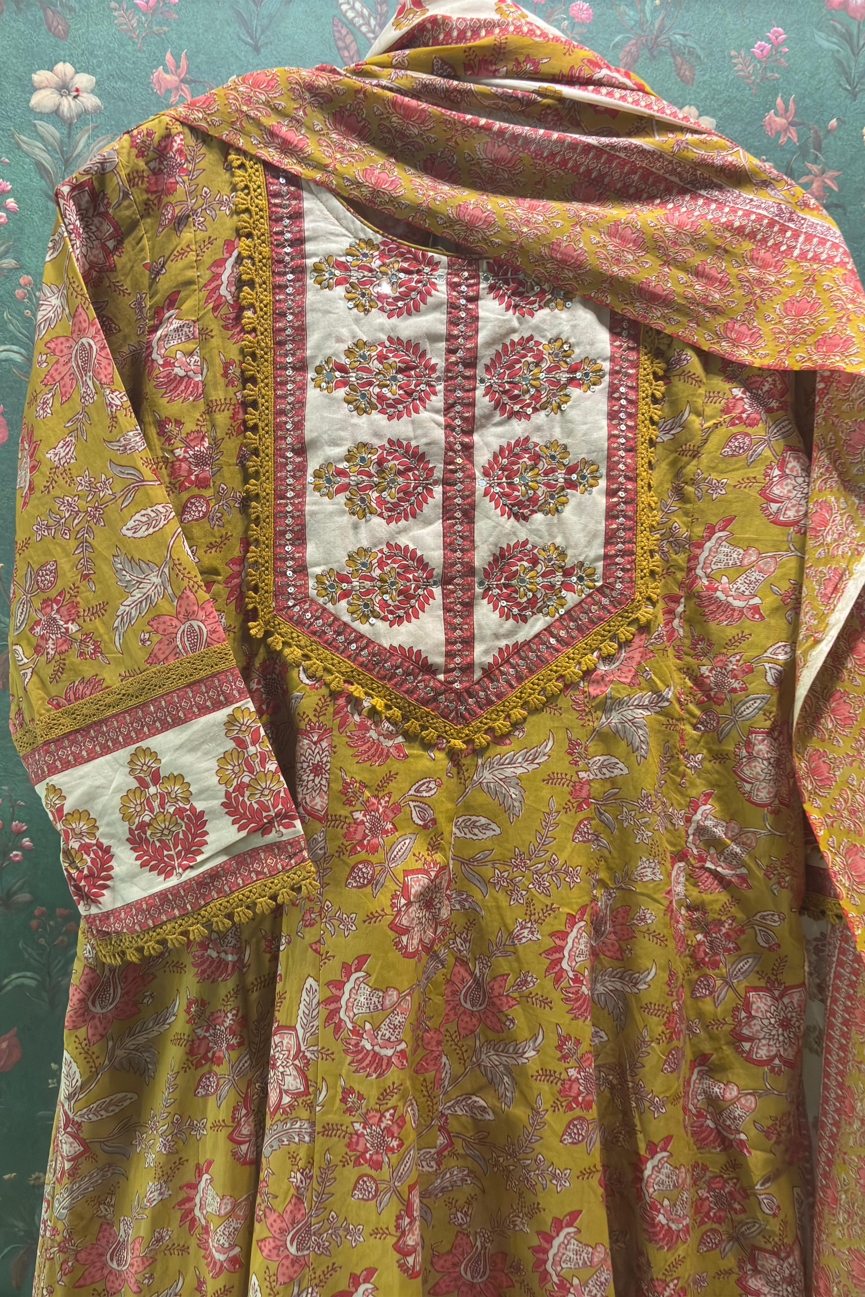Mustard Cotton Anarkali Suit Set (With Pants and Dupatta)