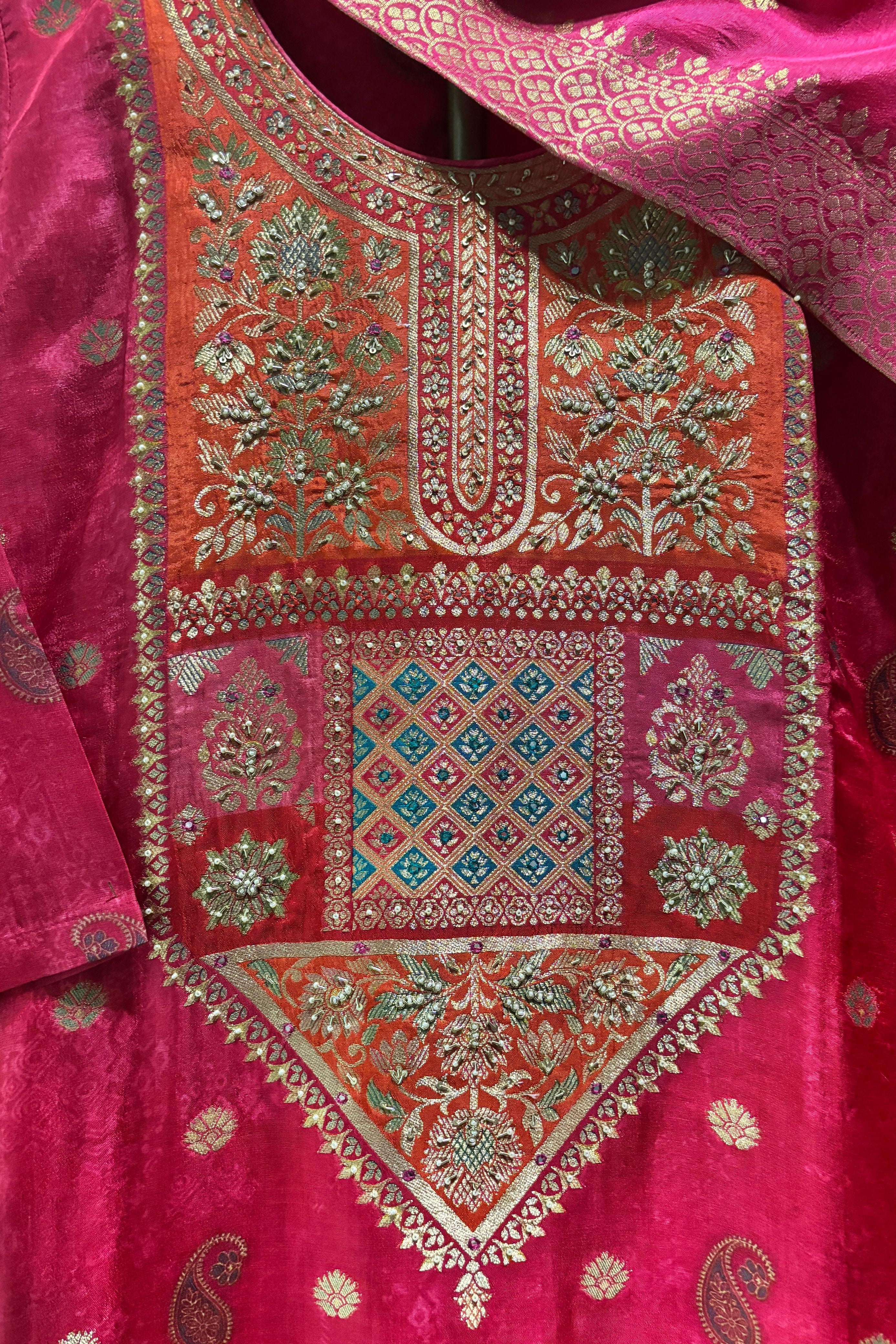 Heritage Premium Dola Jacquard Embroidered Suit Set – Rani Pink | HER-483