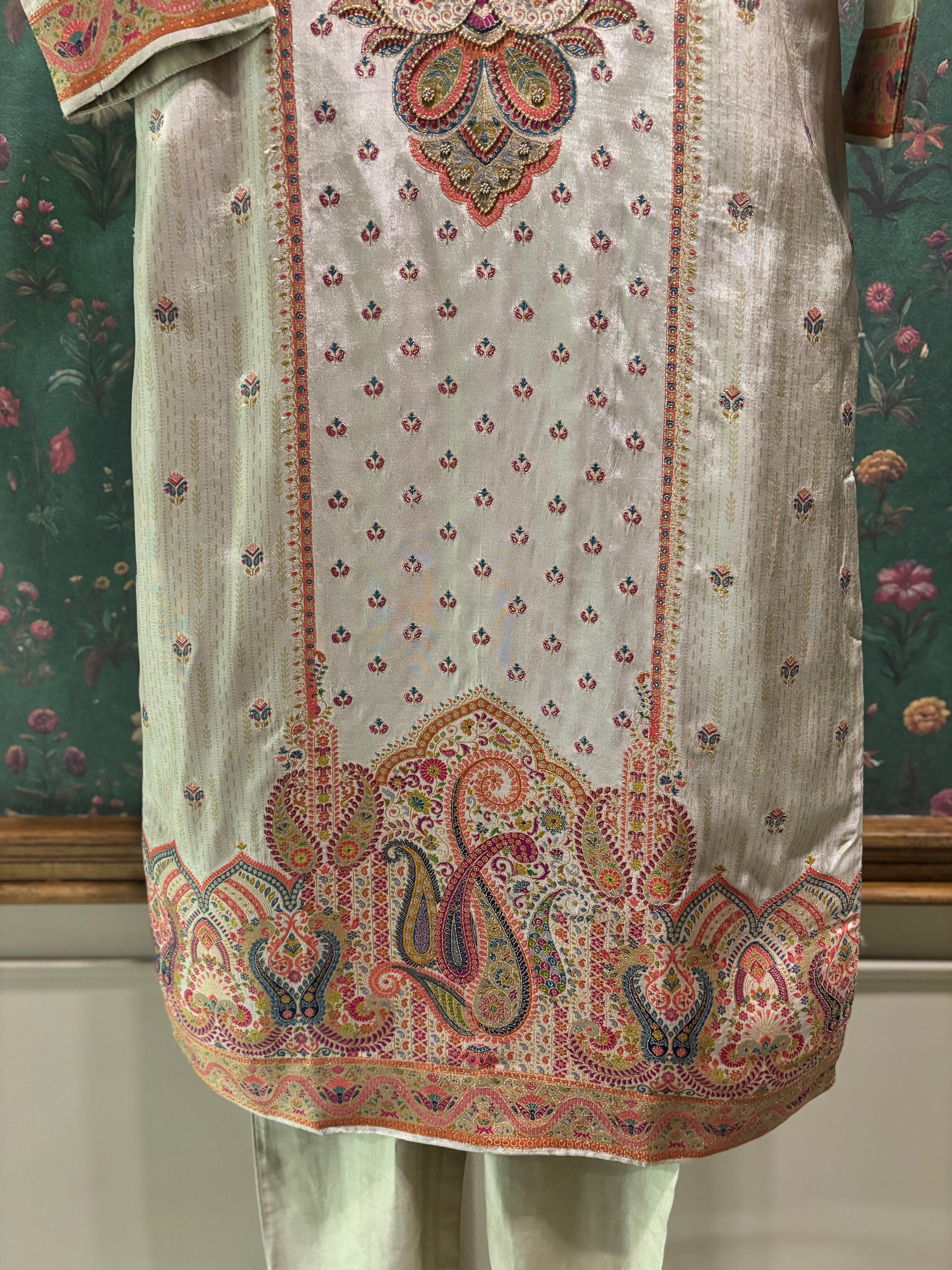 Meher Warm Beige Dola Jacquard Suit Set | HER-487