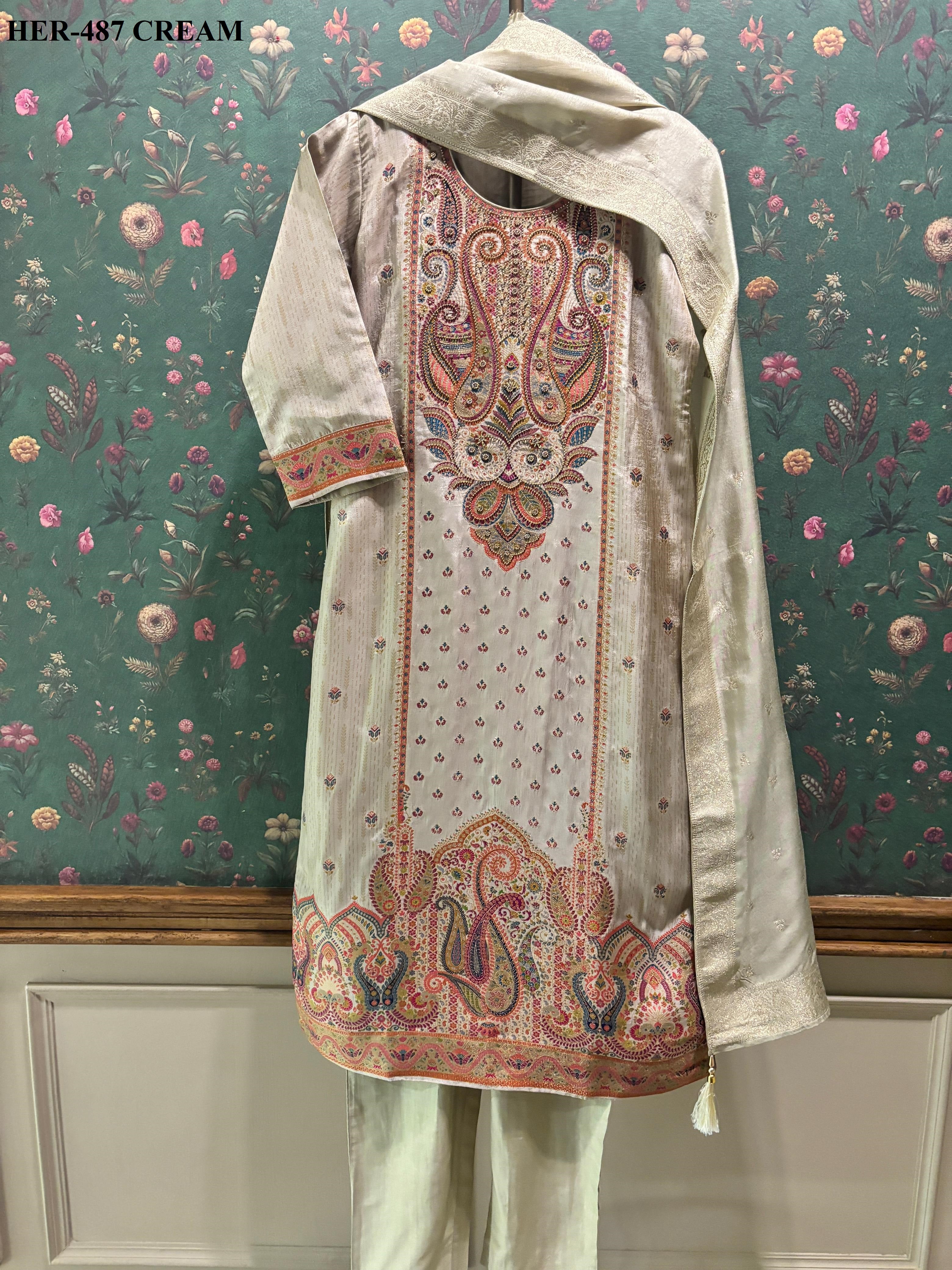 Meher Warm Beige Dola Jacquard Suit Set | HER-487