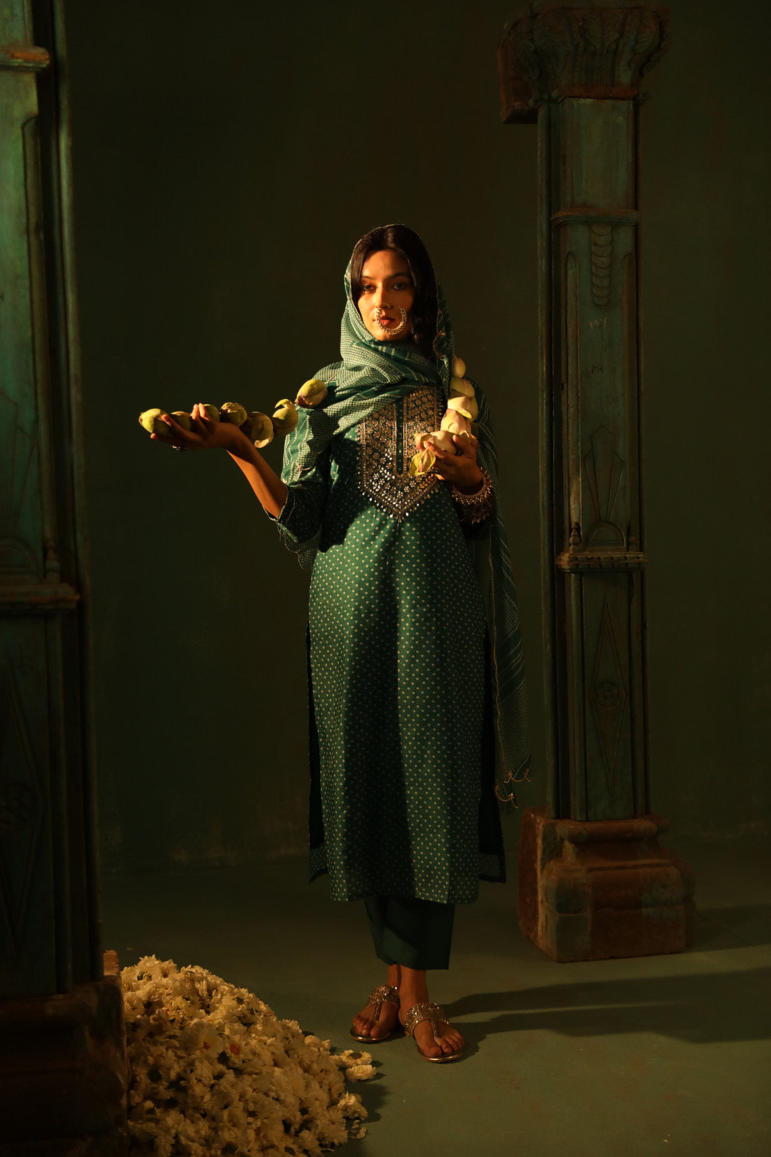 Teal Bandhani Chanderi Suit Set | HER-293