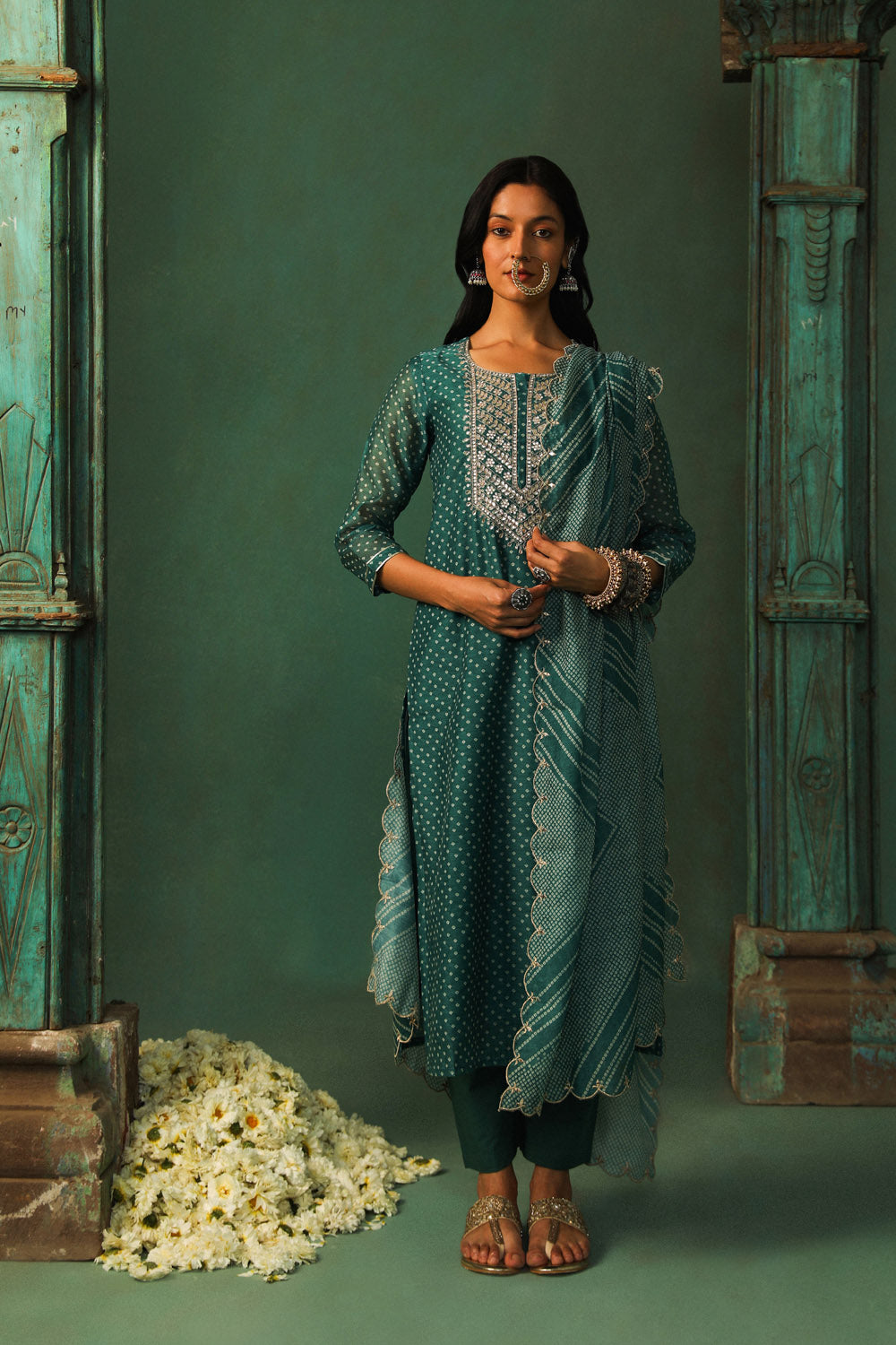 Teal Bandhani Chanderi Suit Set | HER-293