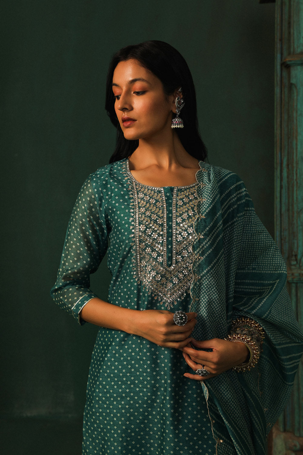 Teal Bandhani Chanderi Suit Set | HER-293