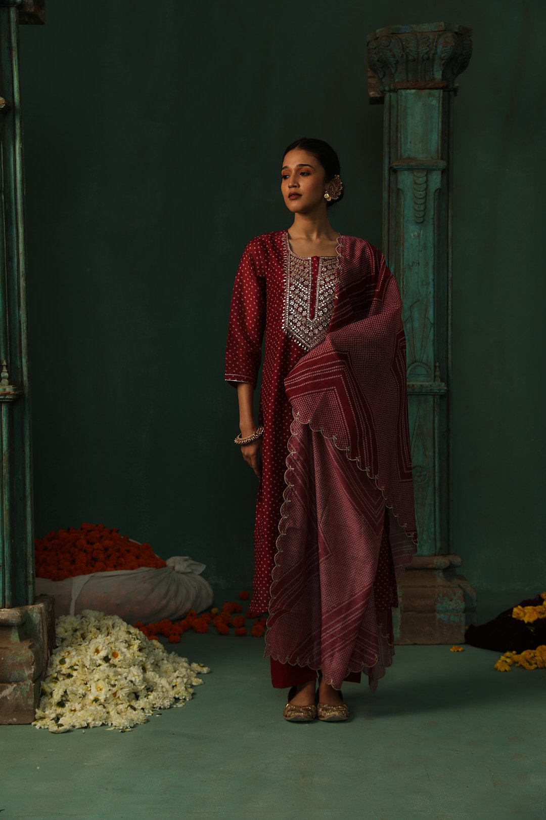 Wine Bandhani Chanderi Suit Set | HER-293