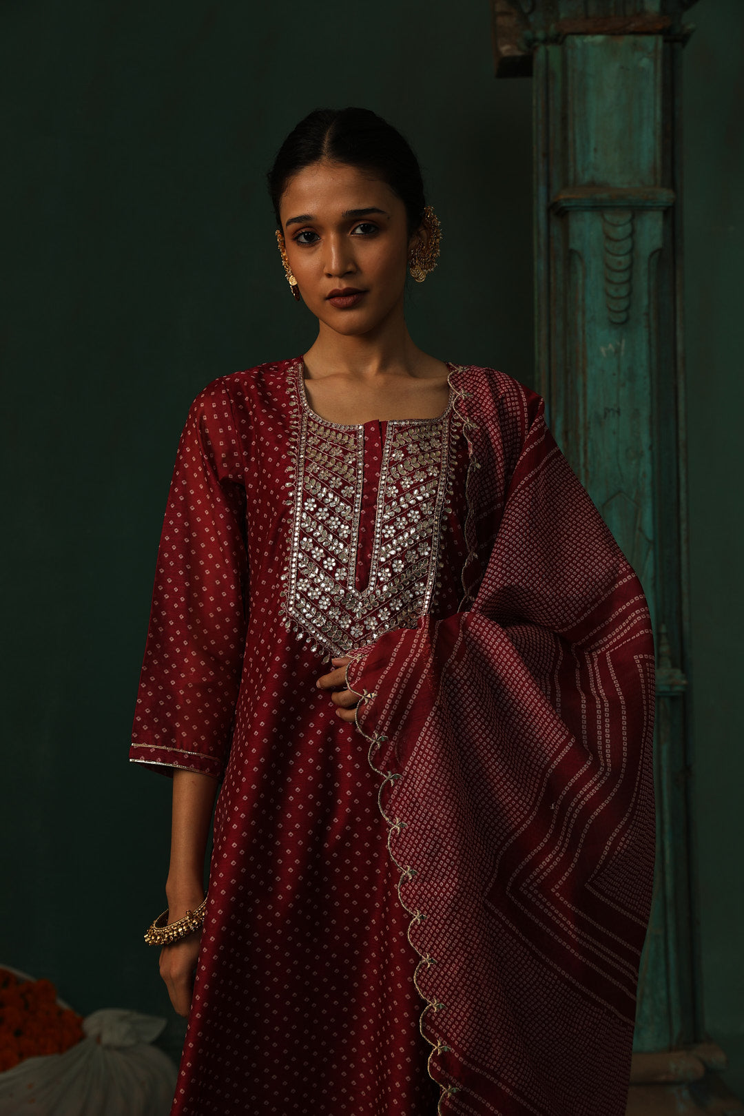 Wine Bandhani Chanderi Suit Set | HER-293