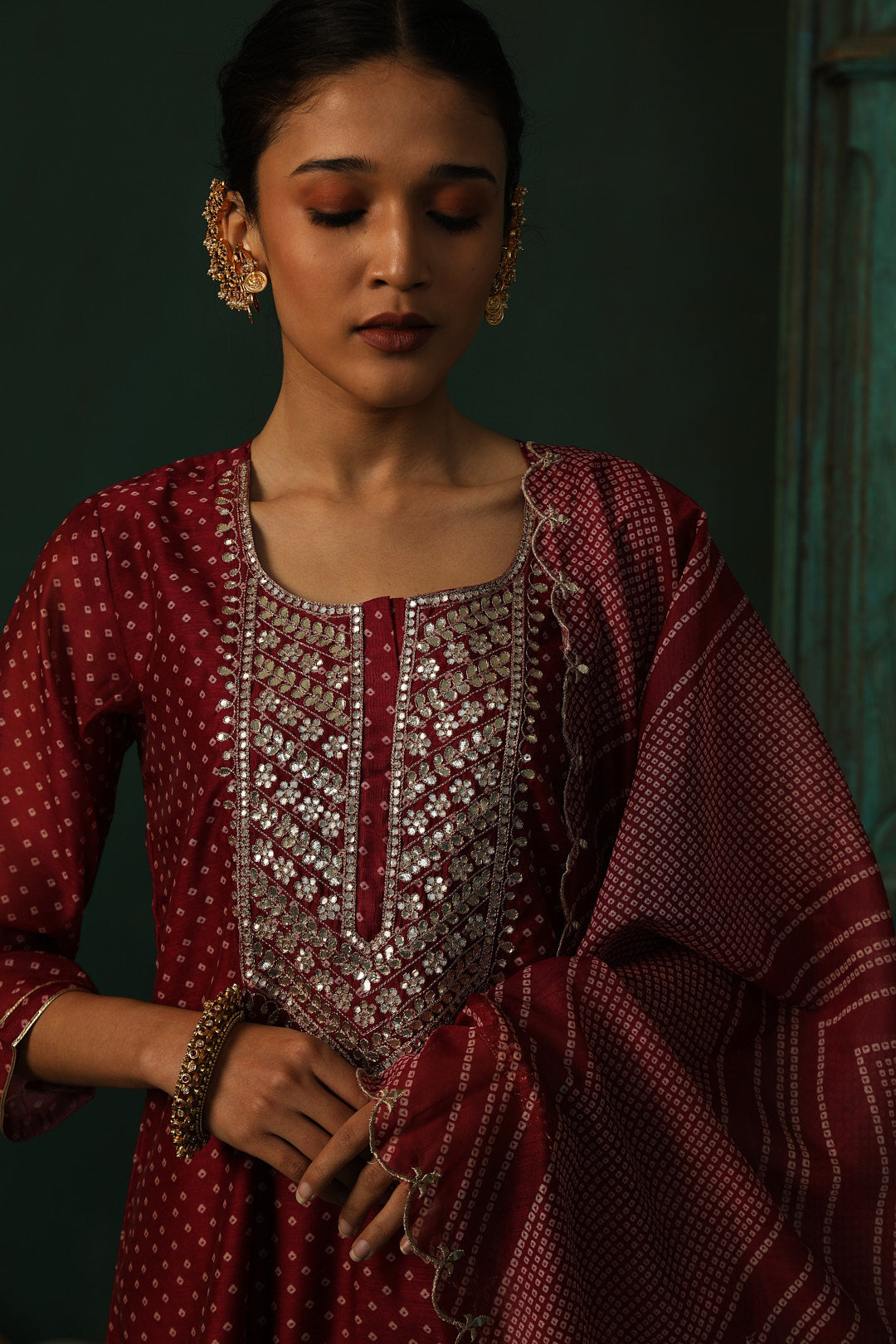 Wine Bandhani Chanderi Suit Set | HER-293