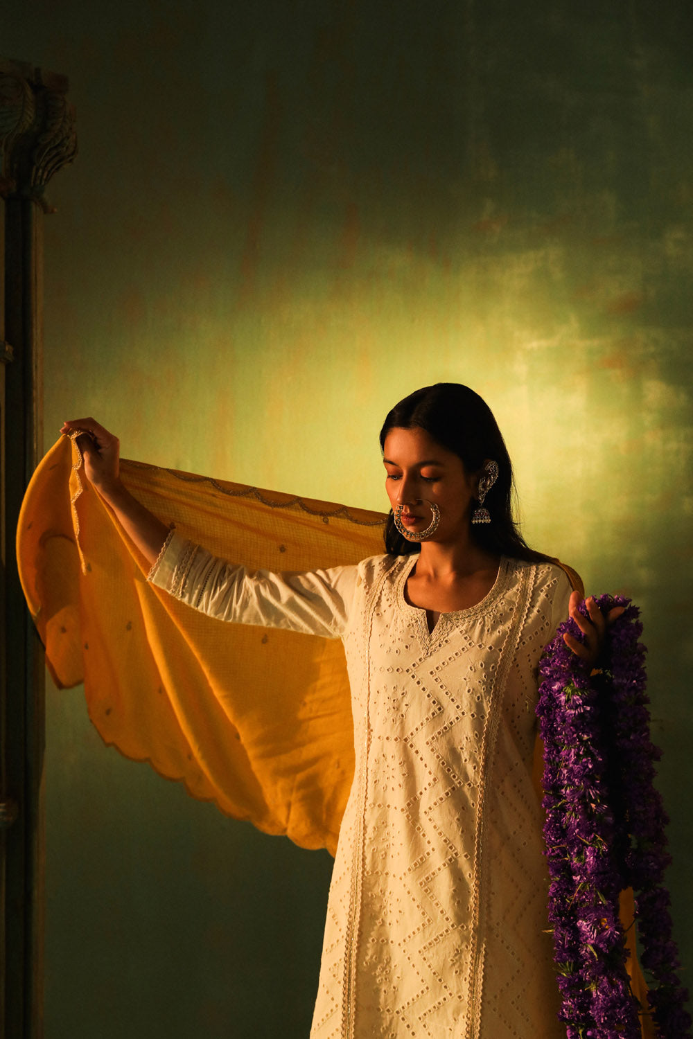 Off-White, Mustard Schiffli Cotton Suit Set | HER-309