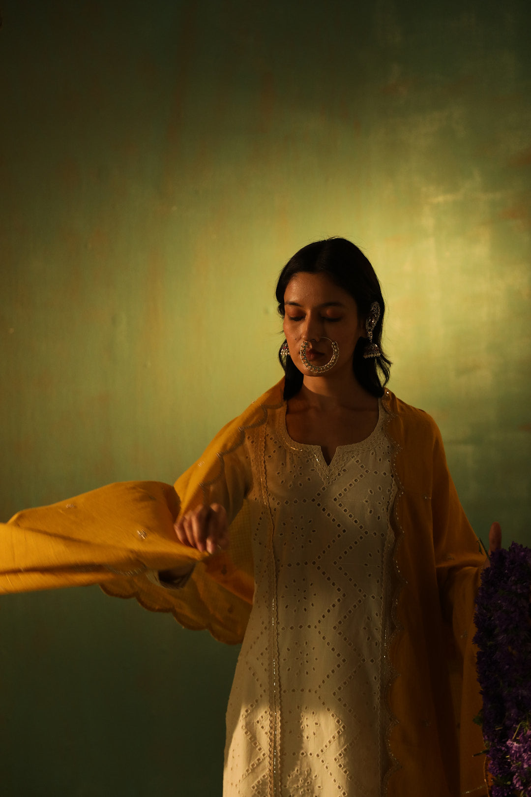 Off-White, Mustard Schiffli Cotton Suit Set | HER-309