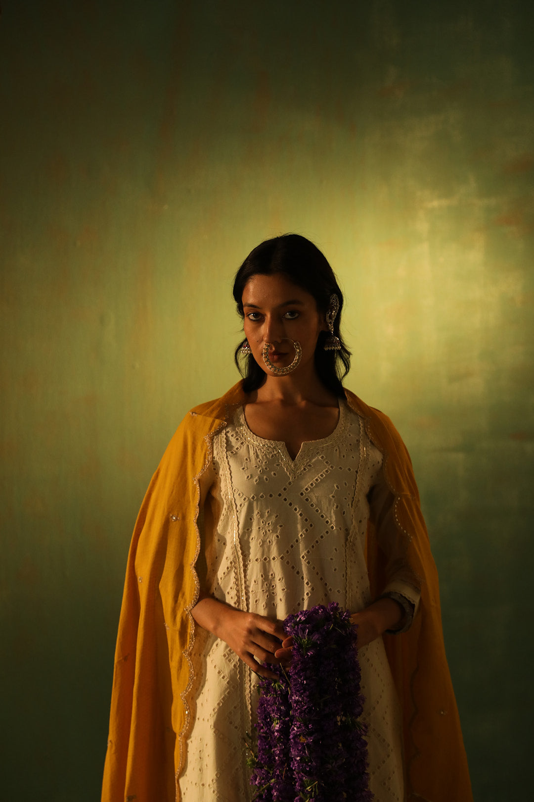 Off-White, Mustard Schiffli Cotton Suit Set | HER-309