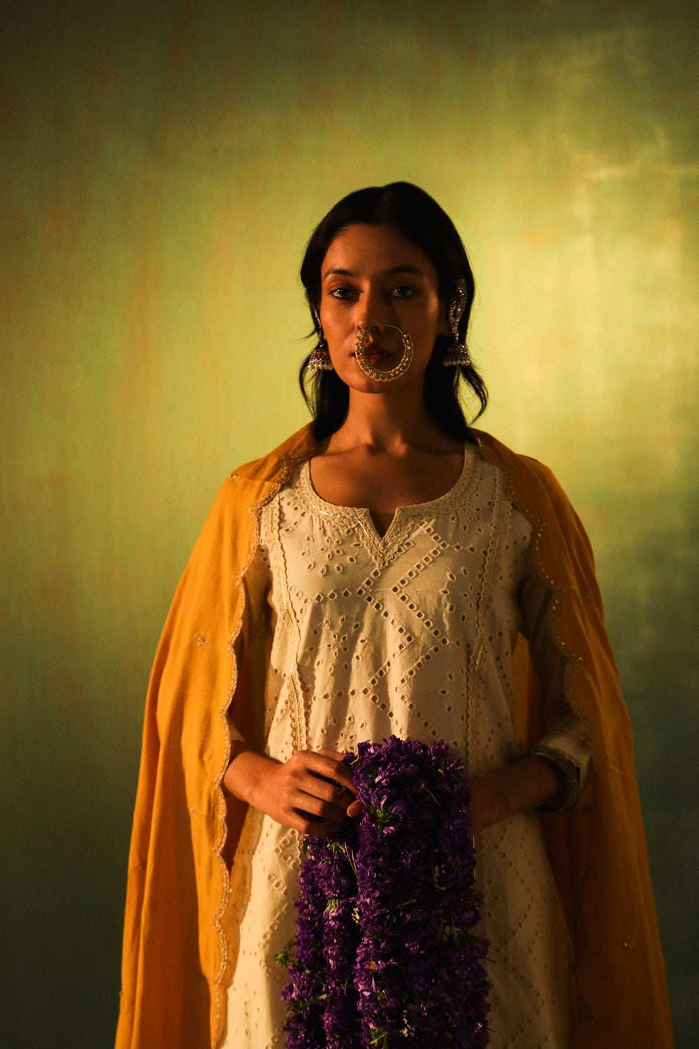 Off-White, Mustard Schiffli Cotton Suit Set | HER-309