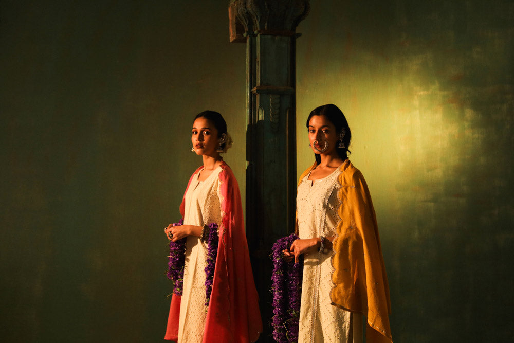 Off-White, Mustard Schiffli Cotton Suit Set | HER-309