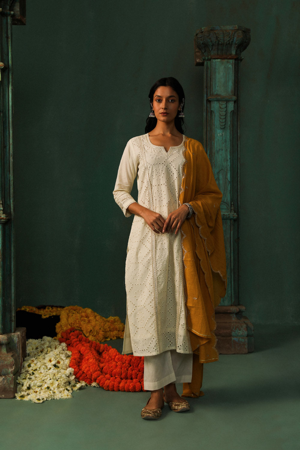 Off-White, Mustard Schiffli Cotton Suit Set | HER-309