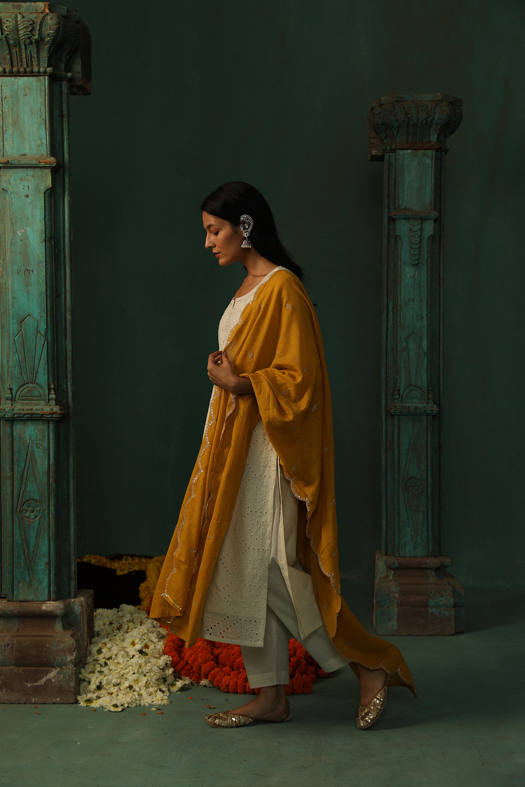 Off-White, Mustard Schiffli Cotton Suit Set | HER-309