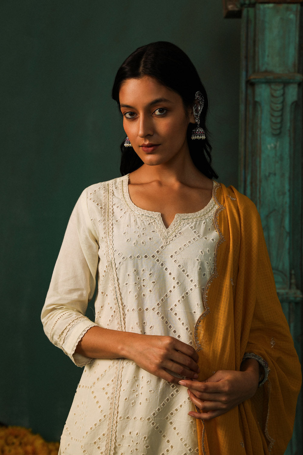 Off-White, Mustard Schiffli Cotton Suit Set | HER-309