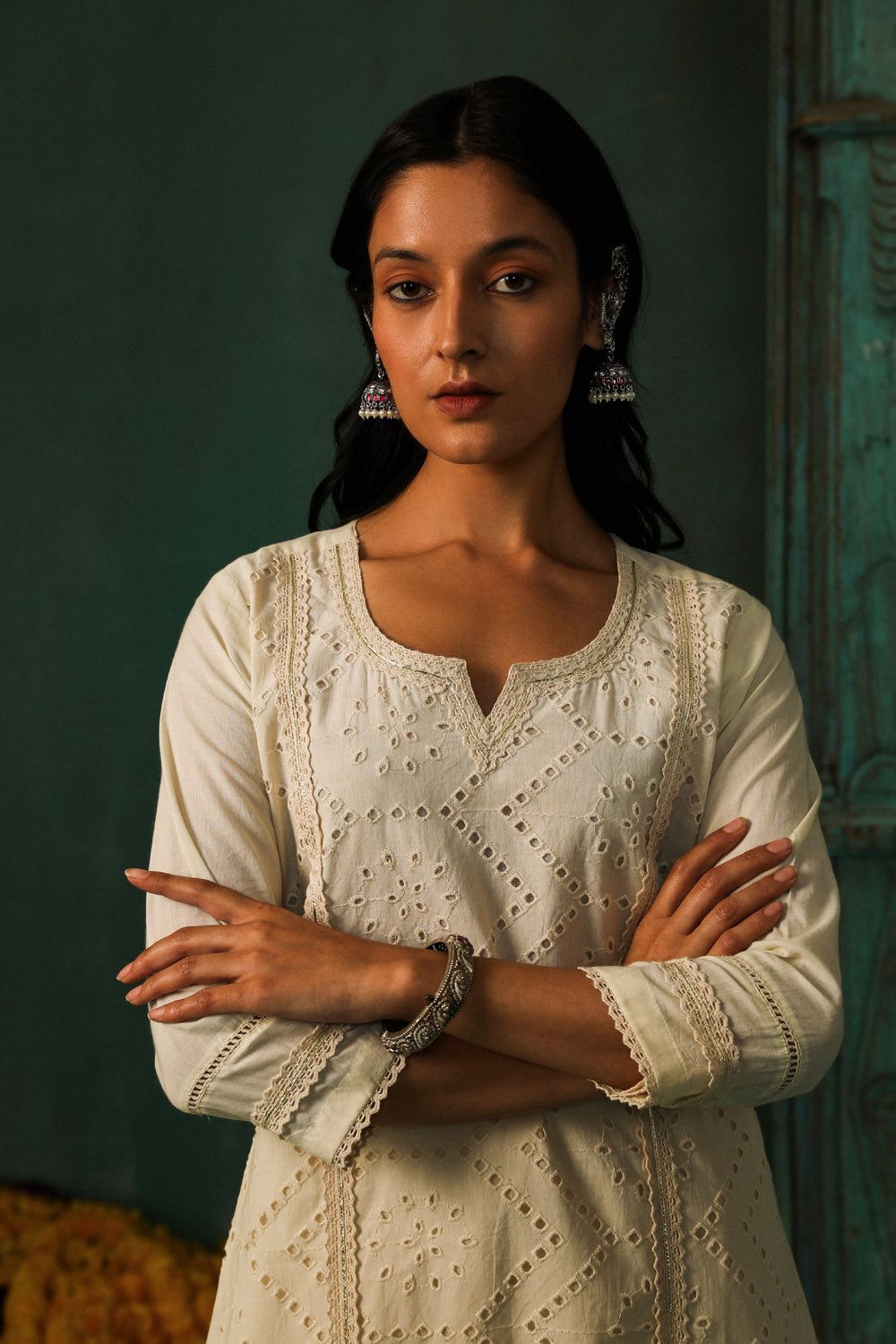 Off-White, Mustard Schiffli Cotton Suit Set | HER-309