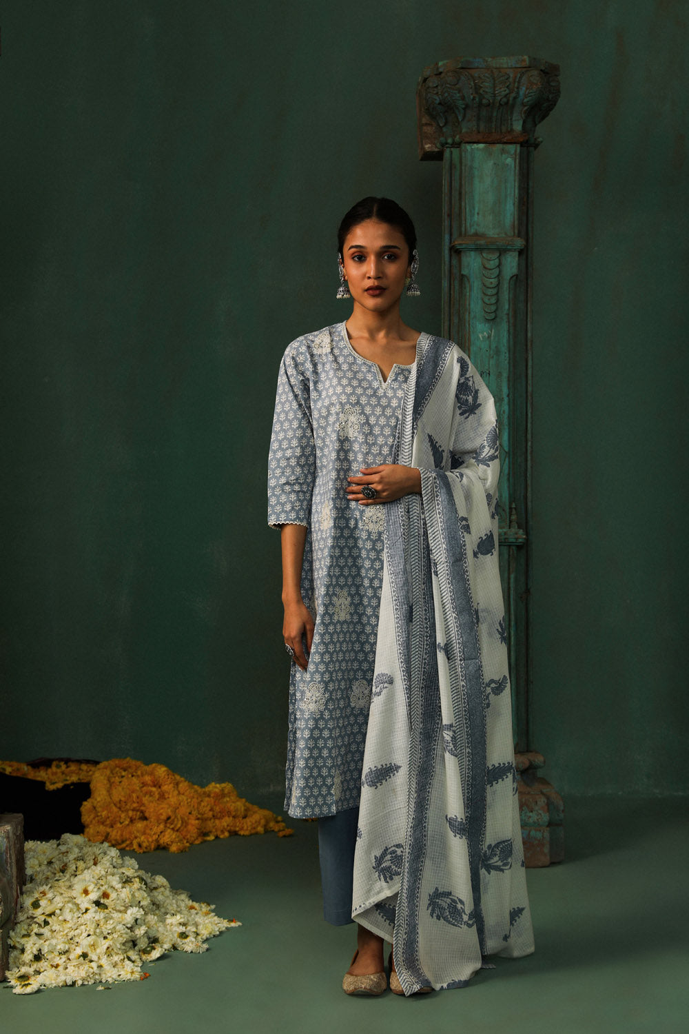 Blue Embroidered Straight Pure Cotton Suit Set With Dupatta