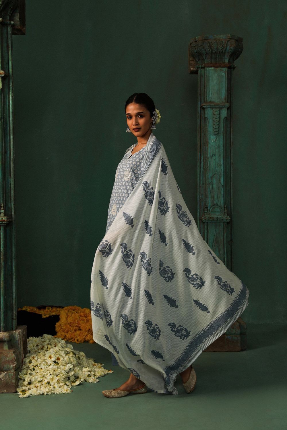 Sea Blue Cotton Straight Fit Suit Set | HER-310