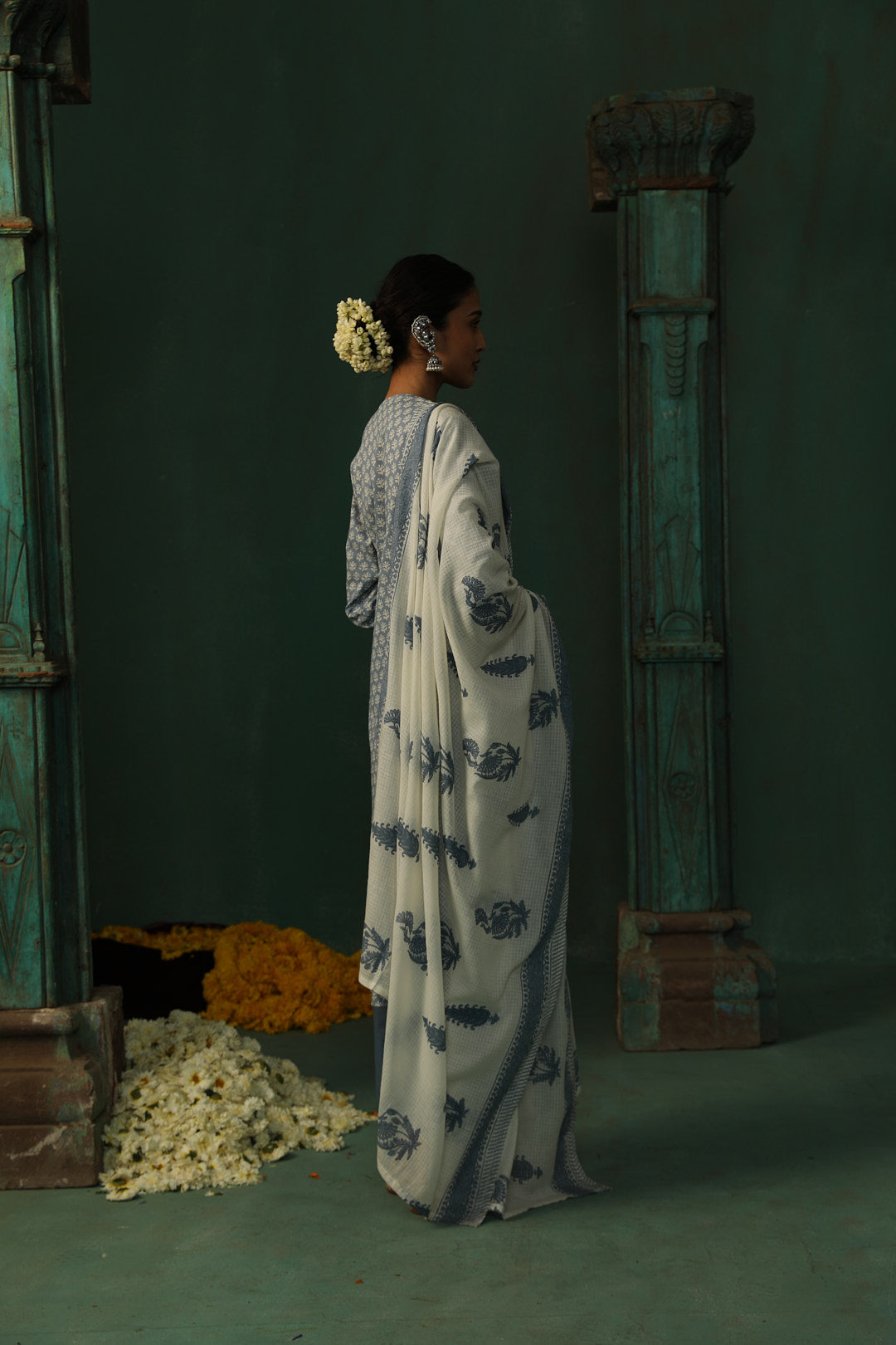 Sea Blue Cotton Straight Fit Suit Set | HER-310