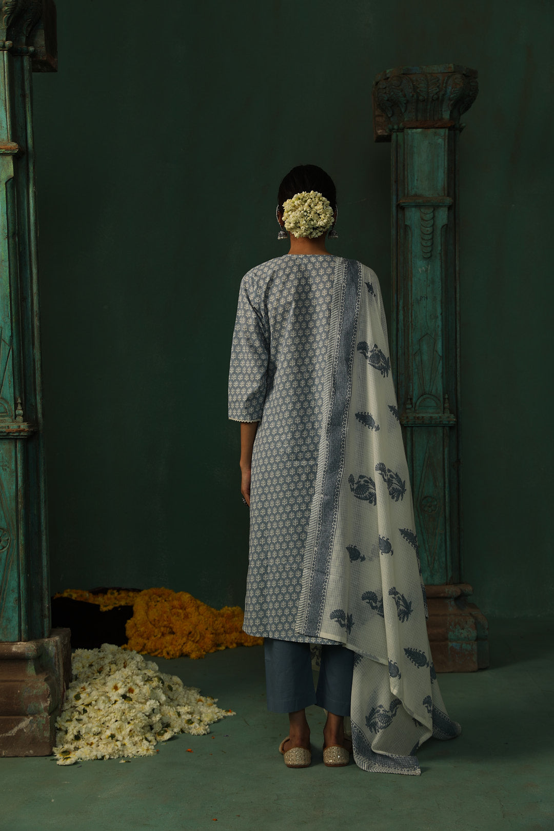 Sea Blue Cotton Straight Fit Suit Set | HER-310