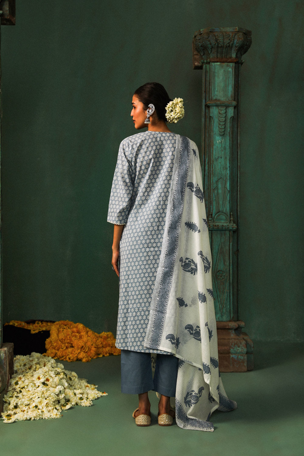 Sea Blue Cotton Straight Fit Suit Set | HER-310