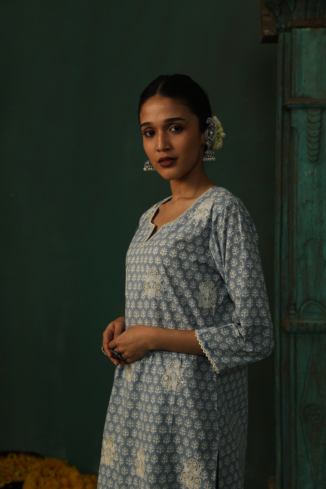 Sea Blue Cotton Straight Fit Suit Set | HER-310