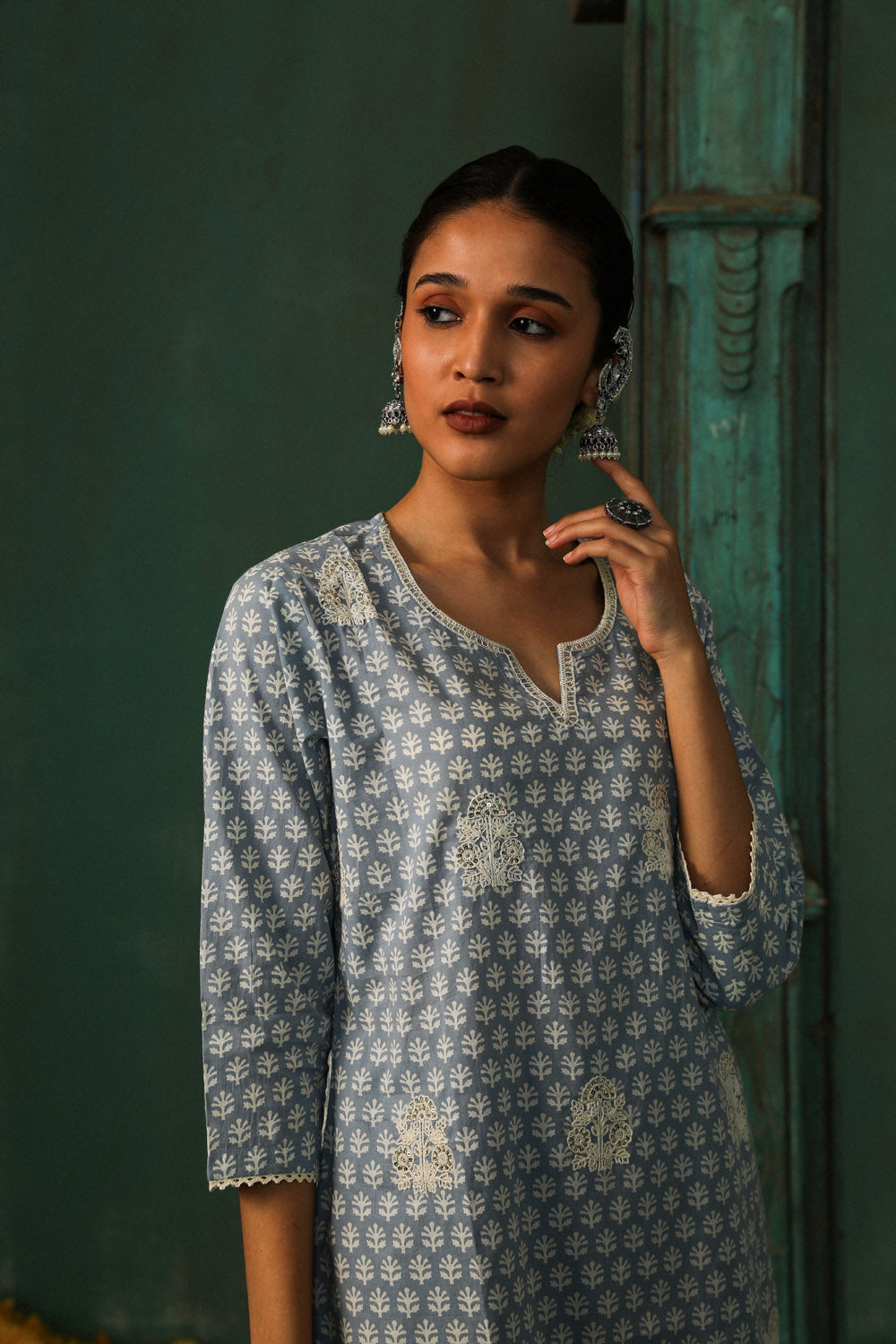 Sea Blue Cotton Straight Fit Suit Set | HER-310