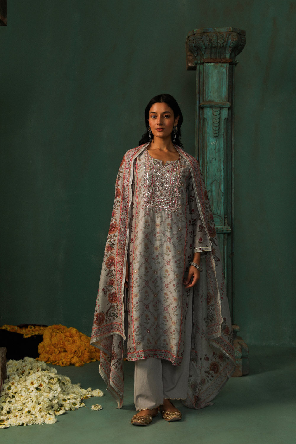 Grey Printed Linen Straight Suit With Dupatta