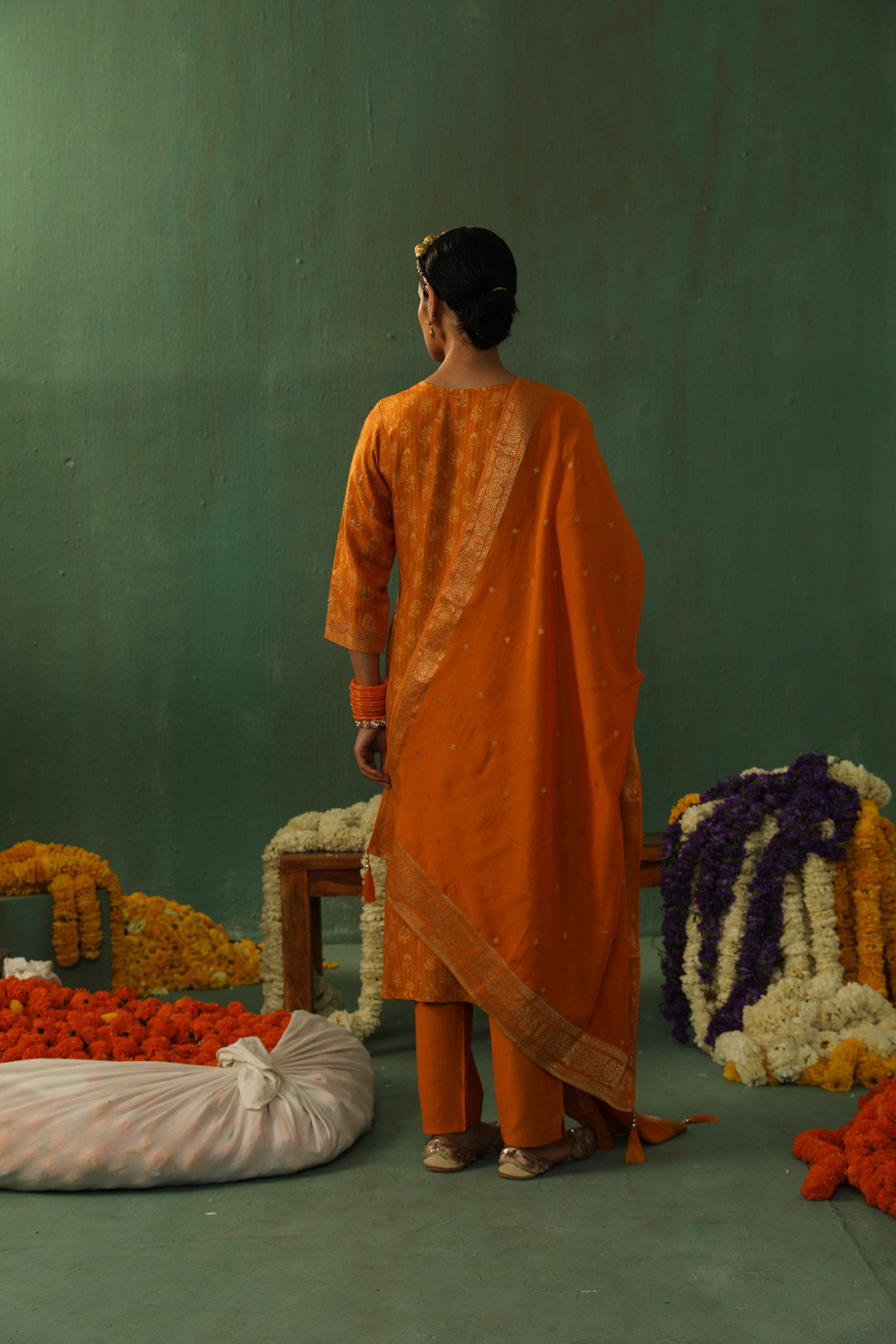 Yellow Dola Jacquard Straight Fit Suit Set | HER-336