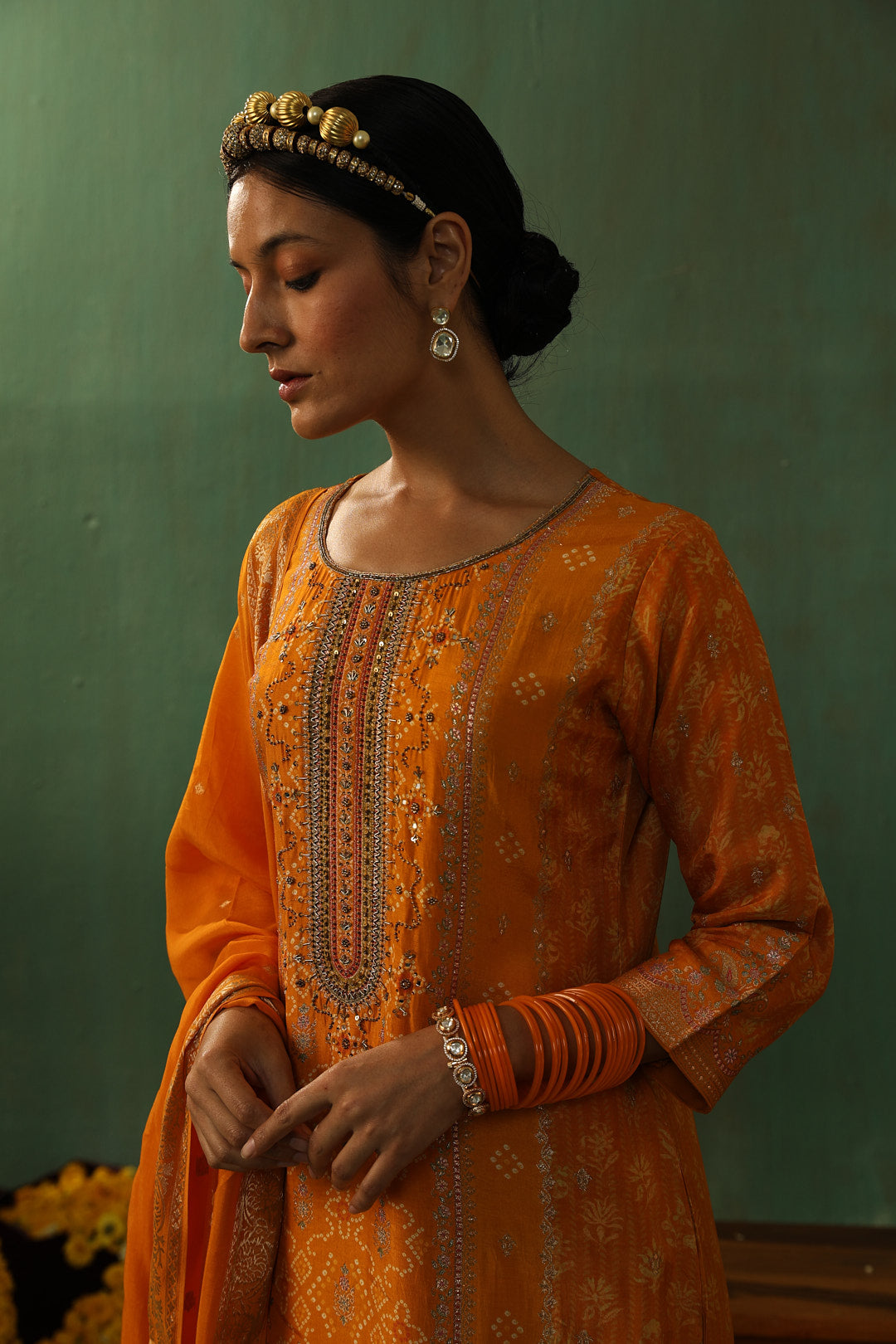 Yellow Dola Jacquard Straight Fit Suit Set | HER-336