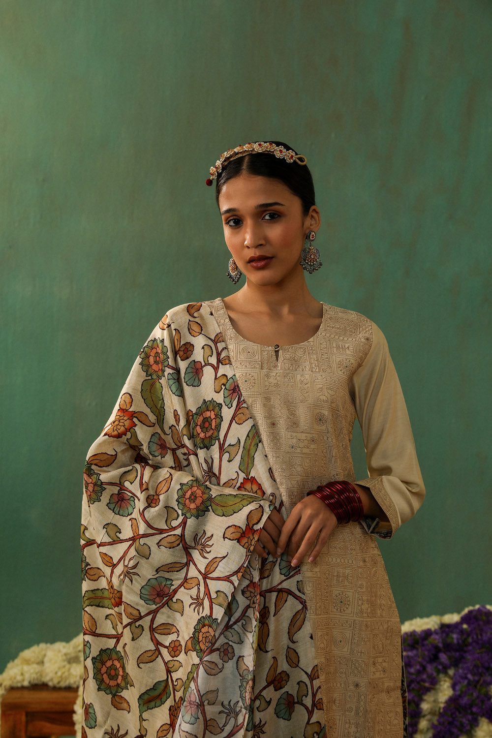 Beige Chanderi Suit Set with Kalamkari Dupatta | HER-335