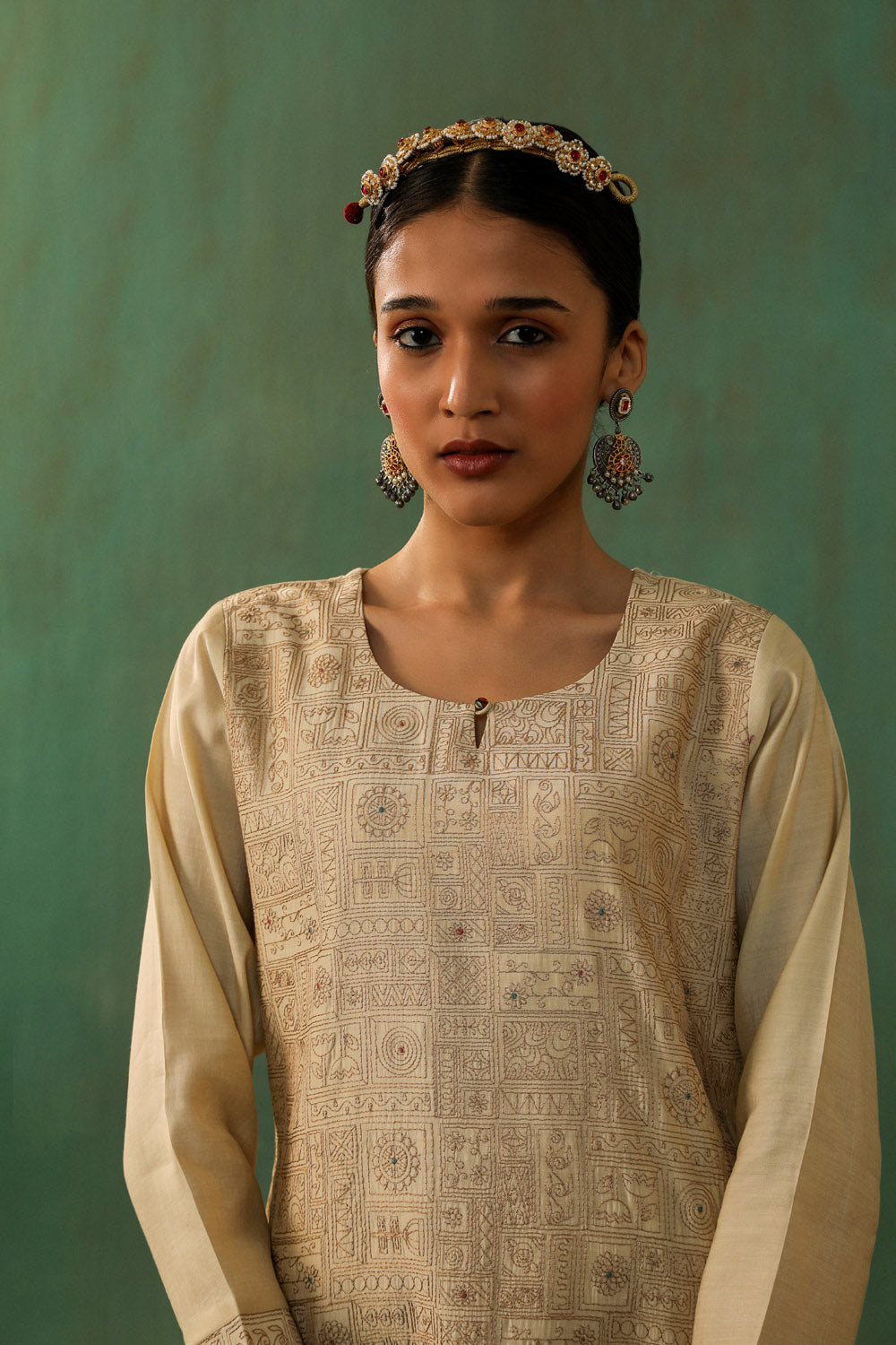 Beige Chanderi Suit Set with Kalamkari Dupatta | HER-335