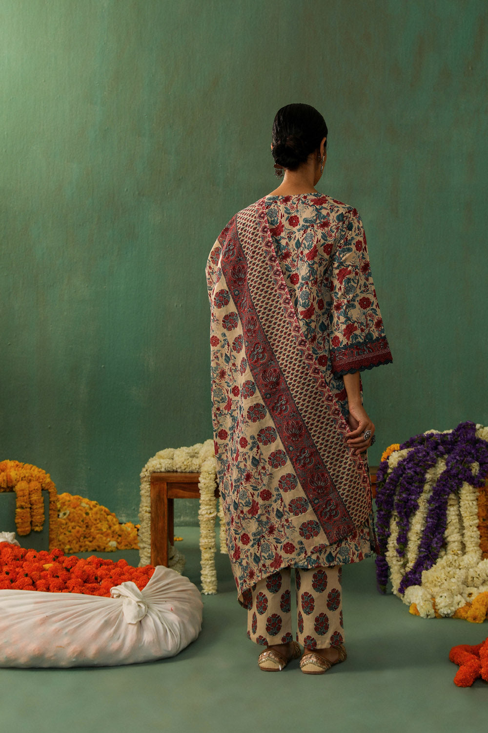 Beige Floral Printed Cotton Straight Suit Set | HER-349