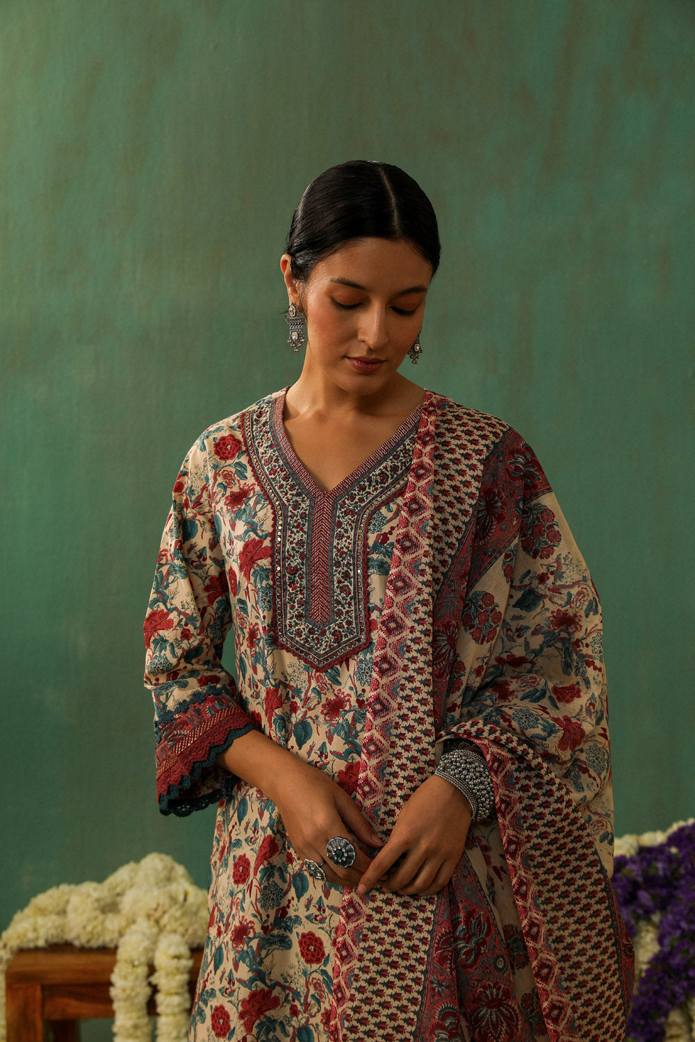 Beige Floral Printed Cotton Straight Suit Set | HER-349