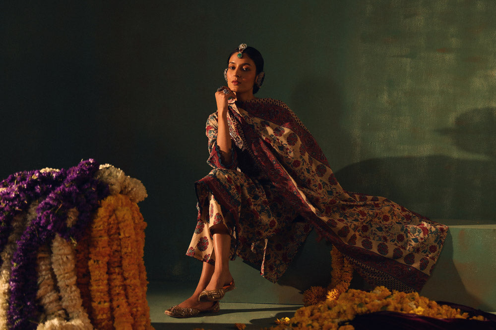 Beige Floral Printed Cotton Straight Suit Set | HER-349