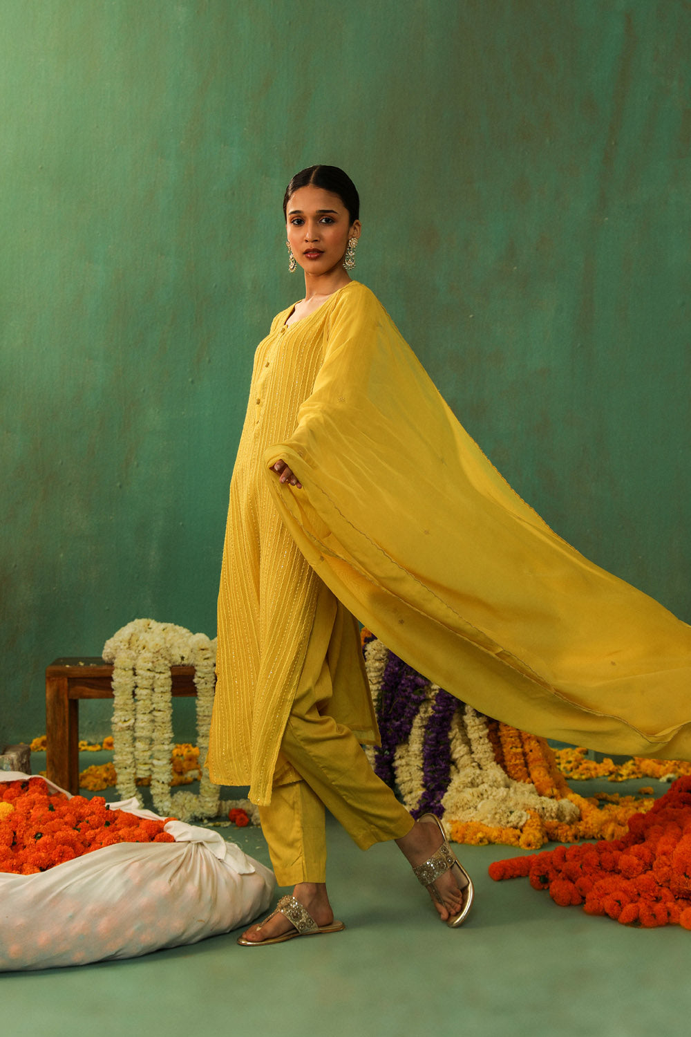 Bright Yellow Mul Chanderi Suit Set | HER-285