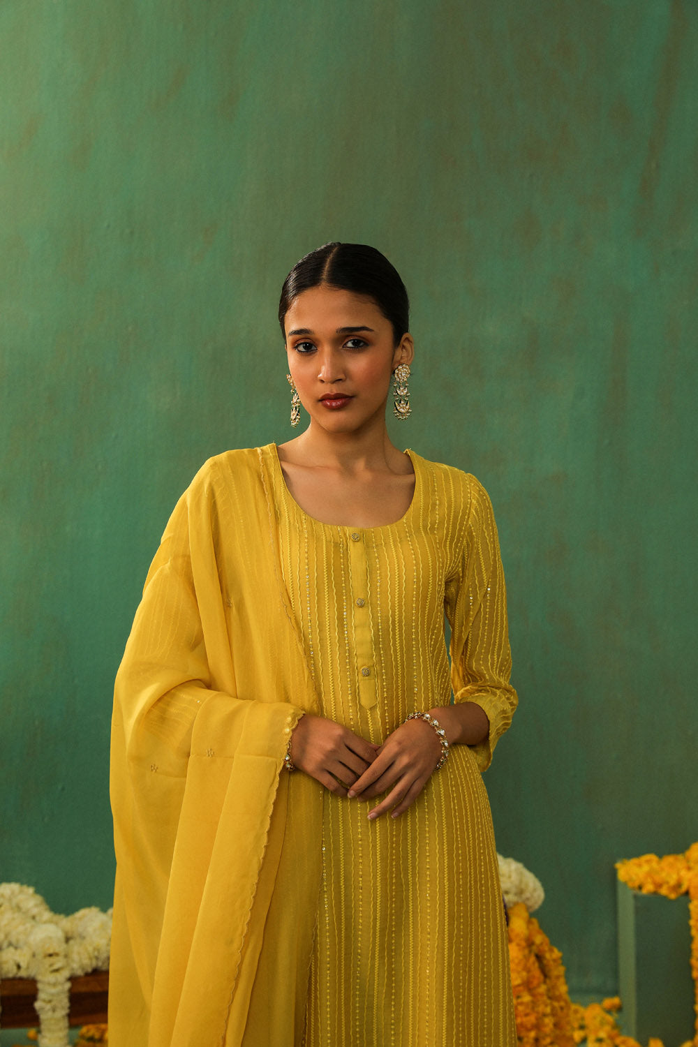 Bright Yellow Mul Chanderi Suit Set | HER-285
