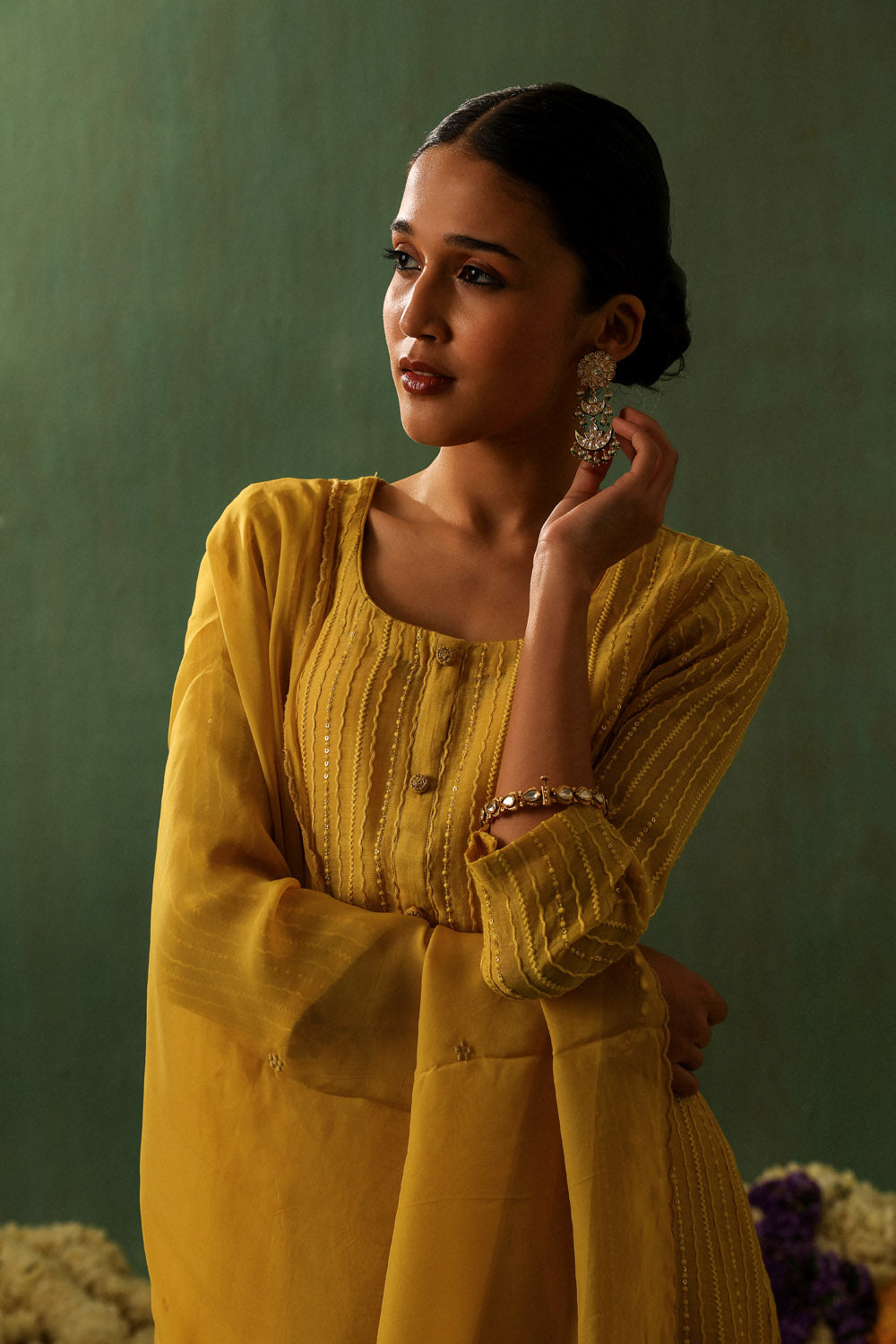 Bright Yellow Mul Chanderi Suit Set | HER-285